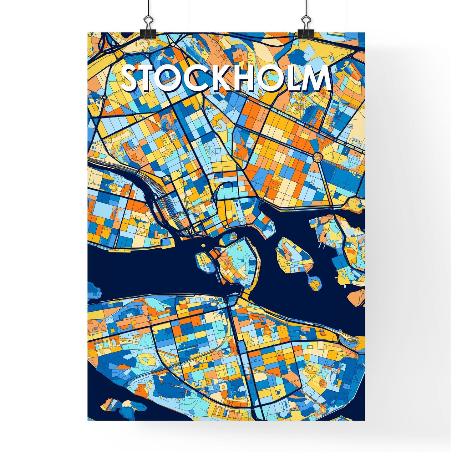 STOCKHOLM SWEDEN Vibrant Colorful Art Map Poster Blue Orange