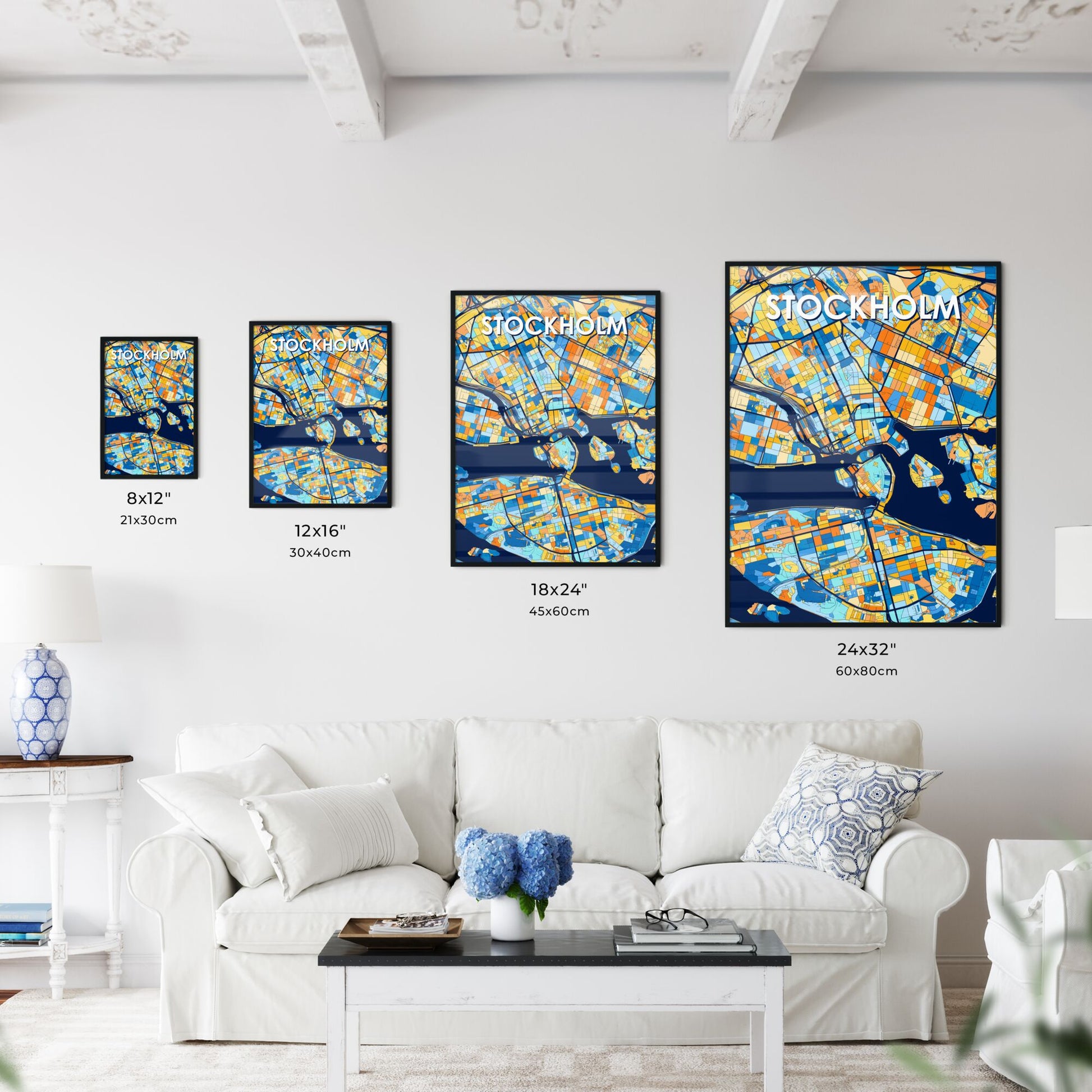 STOCKHOLM SWEDEN Vibrant Colorful Art Map Poster Blue Orange