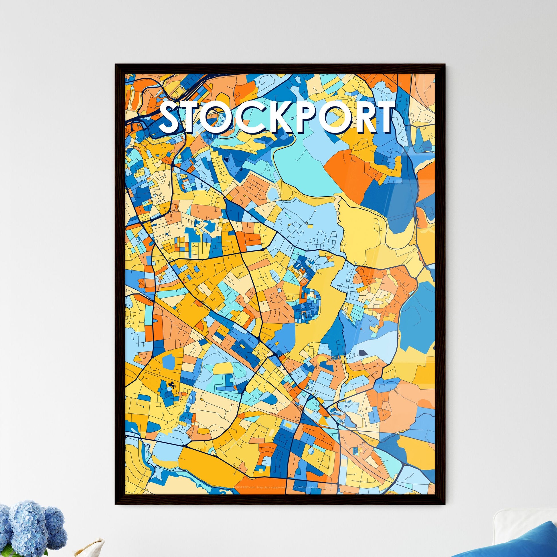 STOCKPORT ENGLAND Vibrant Colorful Art Map Poster Blue Orange