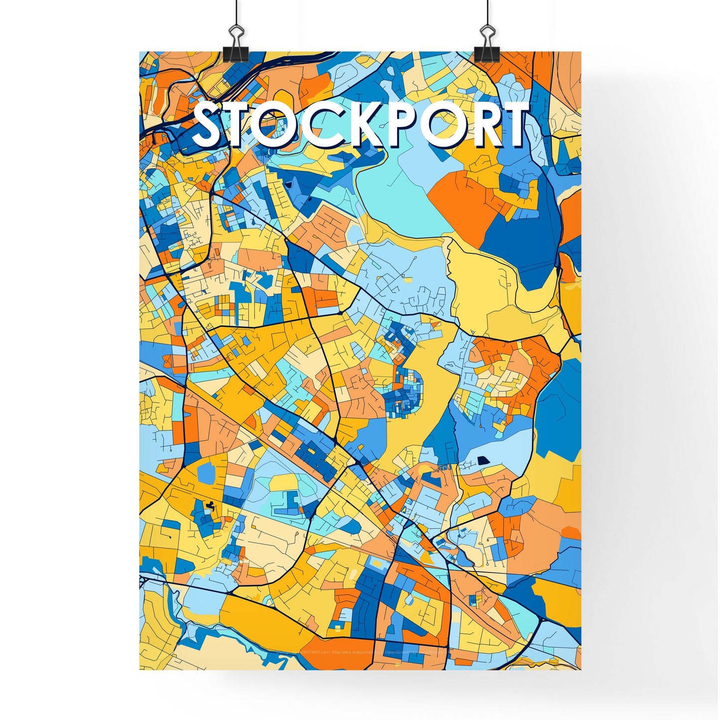 STOCKPORT ENGLAND Vibrant Colorful Art Map Poster Blue Orange