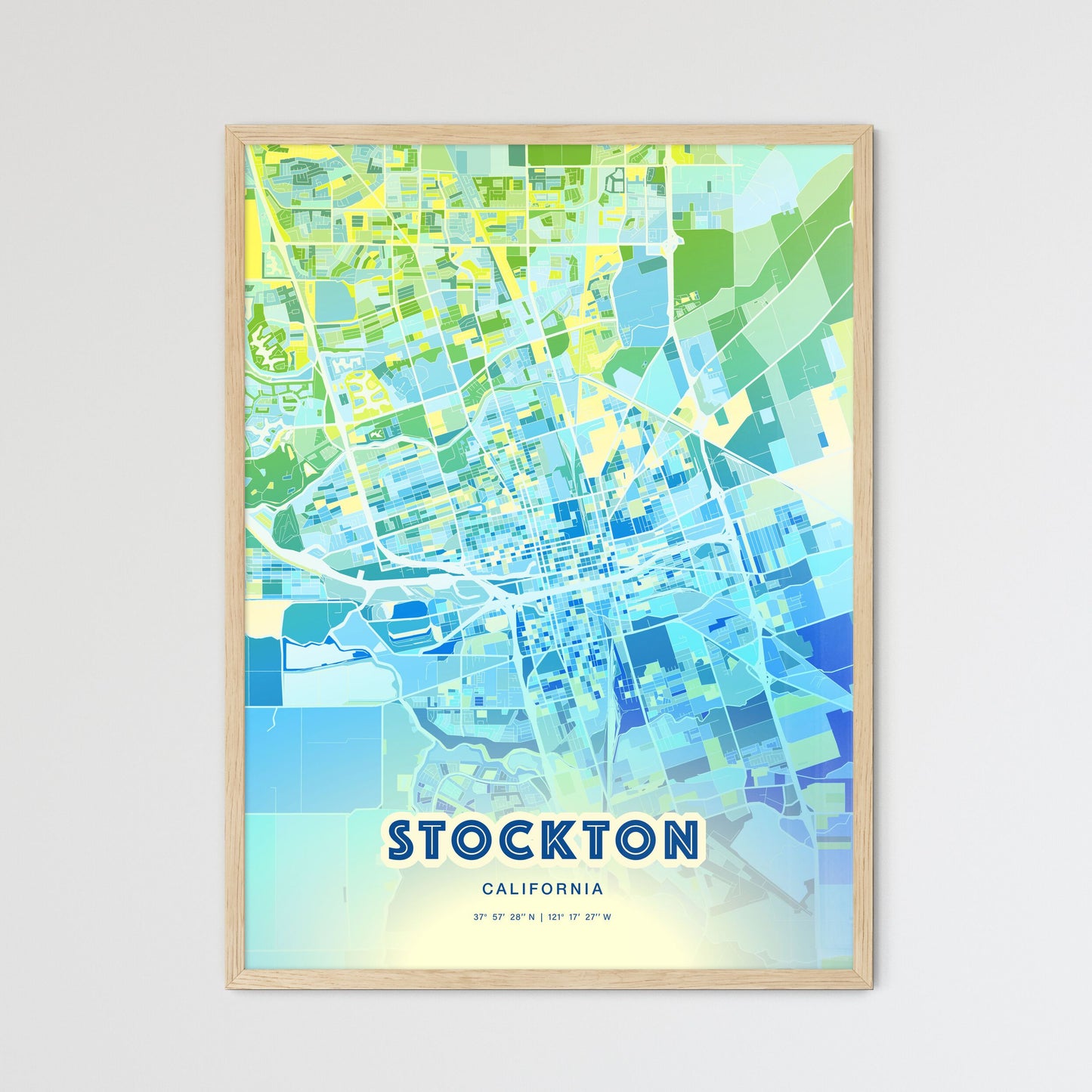 Colorful Stockton California Fine Art Map Cool Blue