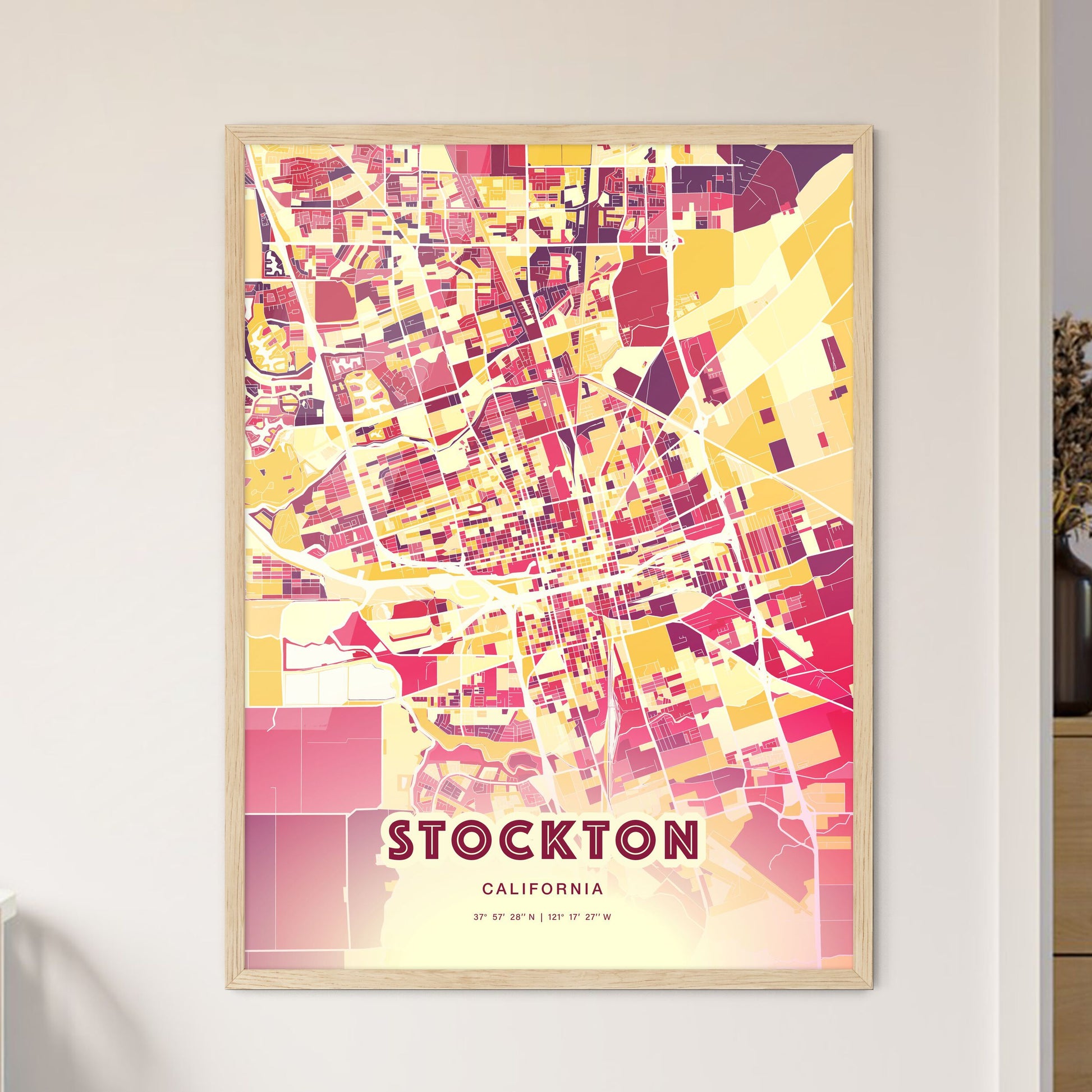 Colorful Stockton California Fine Art Map Hot Red