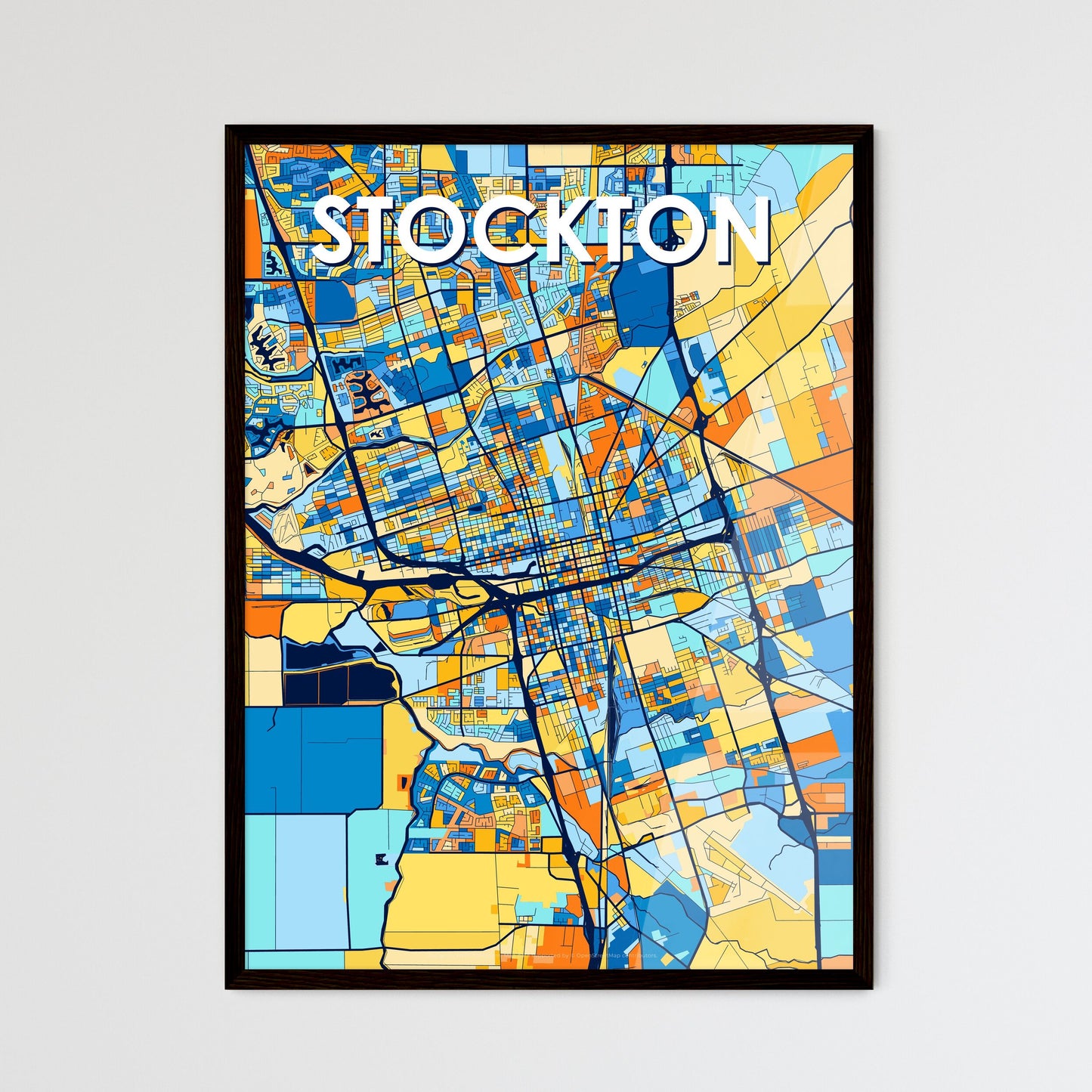 STOCKTON CALIFORNIA Vibrant Colorful Art Map Poster Blue Orange