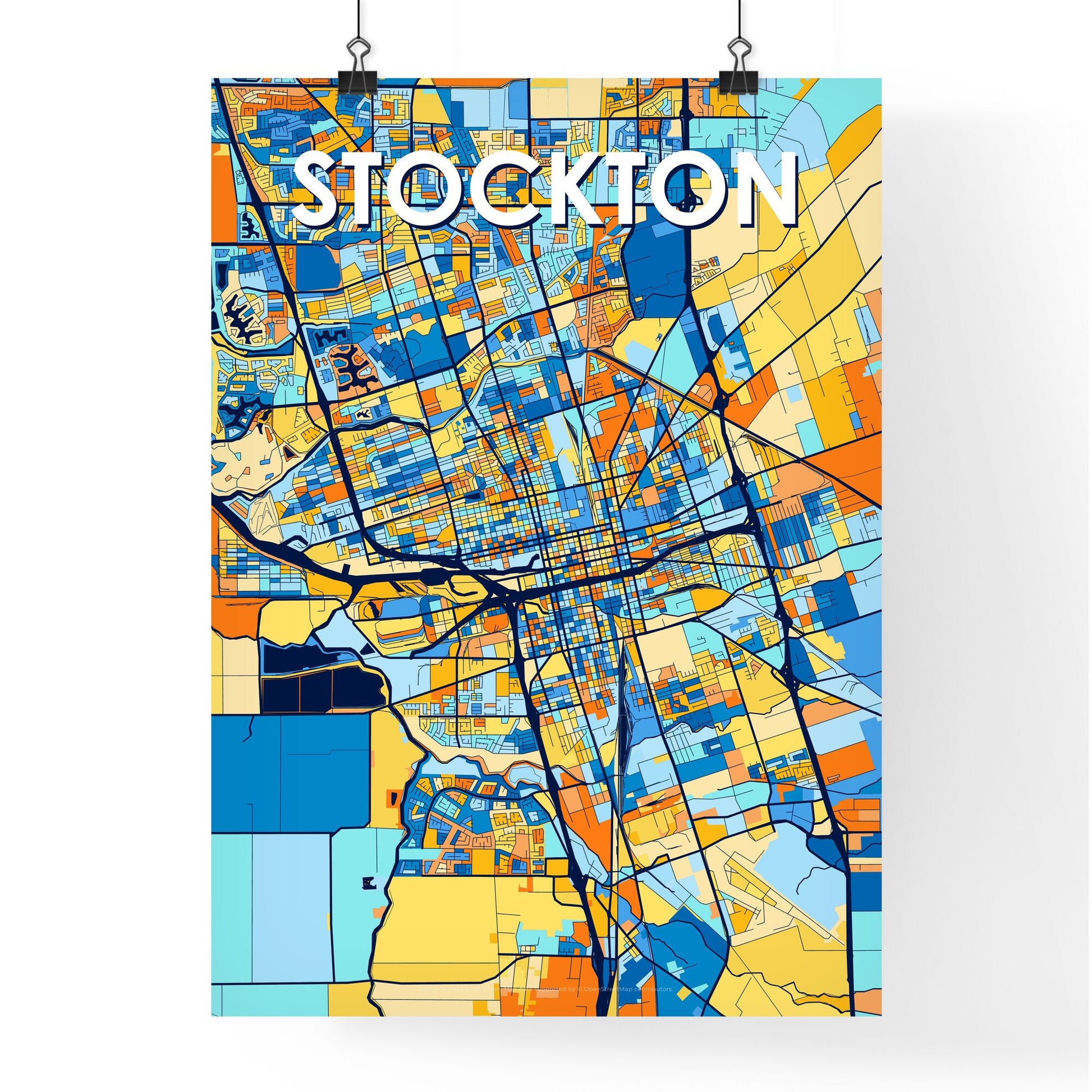 STOCKTON CALIFORNIA Vibrant Colorful Art Map Poster Blue Orange