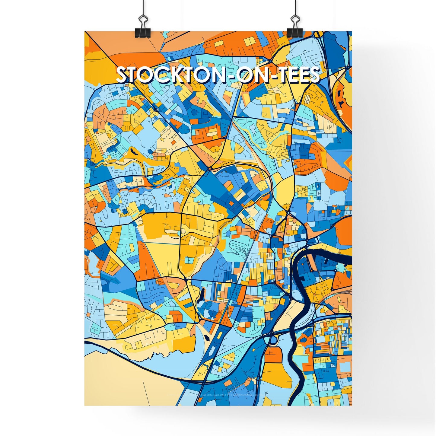 STOCKTON-ON-TEES ENGLAND Vibrant Colorful Art Map Poster Blue Orange