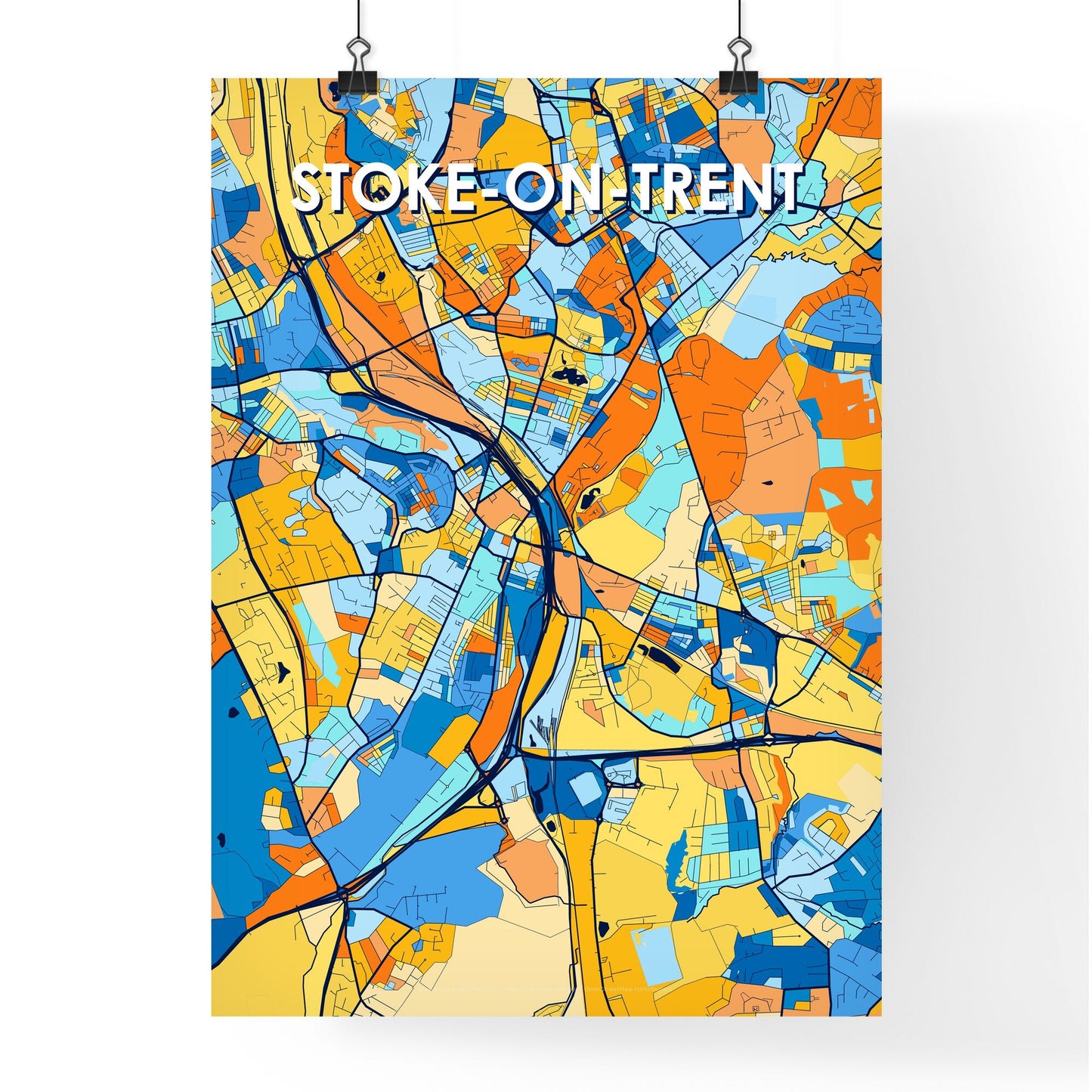 STOKE-ON-TRENT ENGLAND Vibrant Colorful Art Map Poster Blue Orange