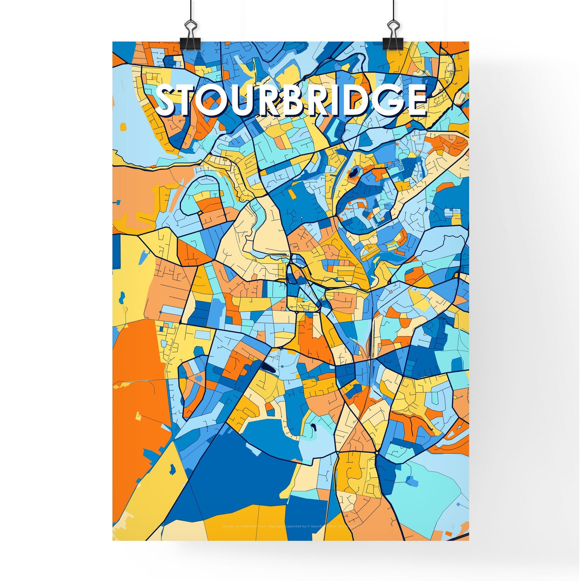 STOURBRIDGE ENGLAND Vibrant Colorful Art Map Poster Blue Orange