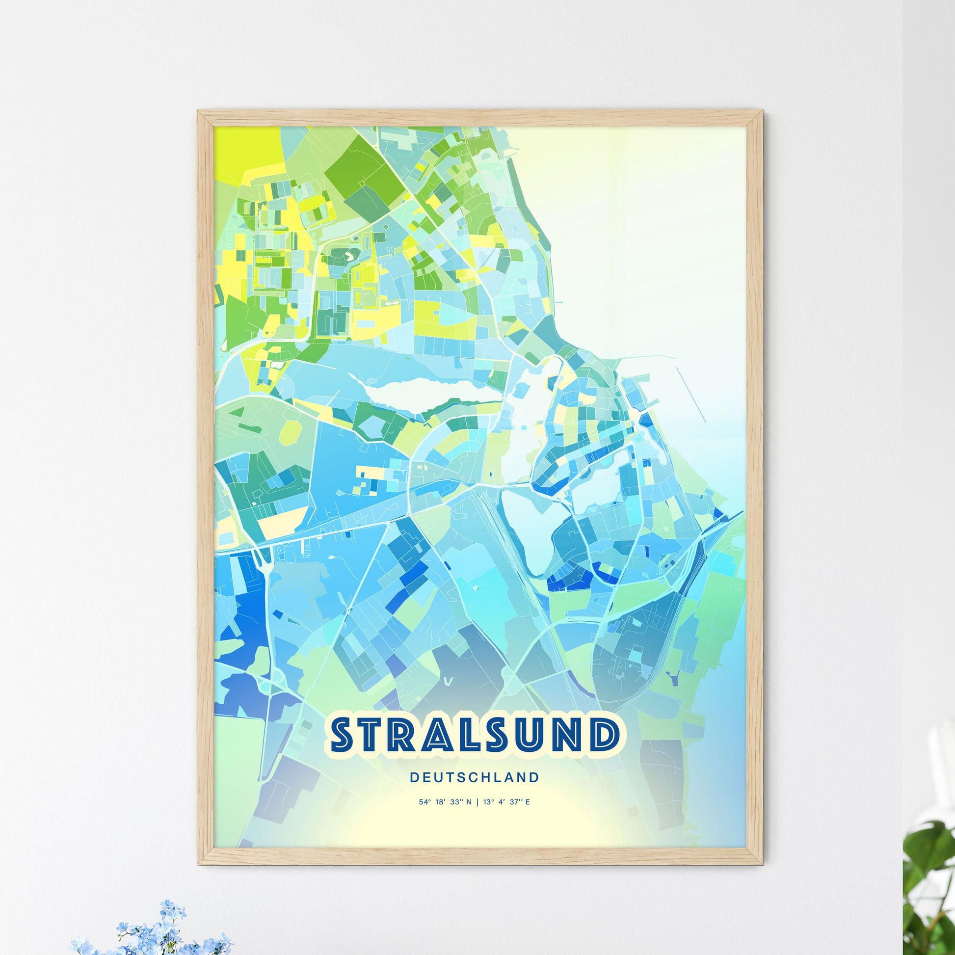 Colorful Stralsund Germany Fine Art Map Cool Blue