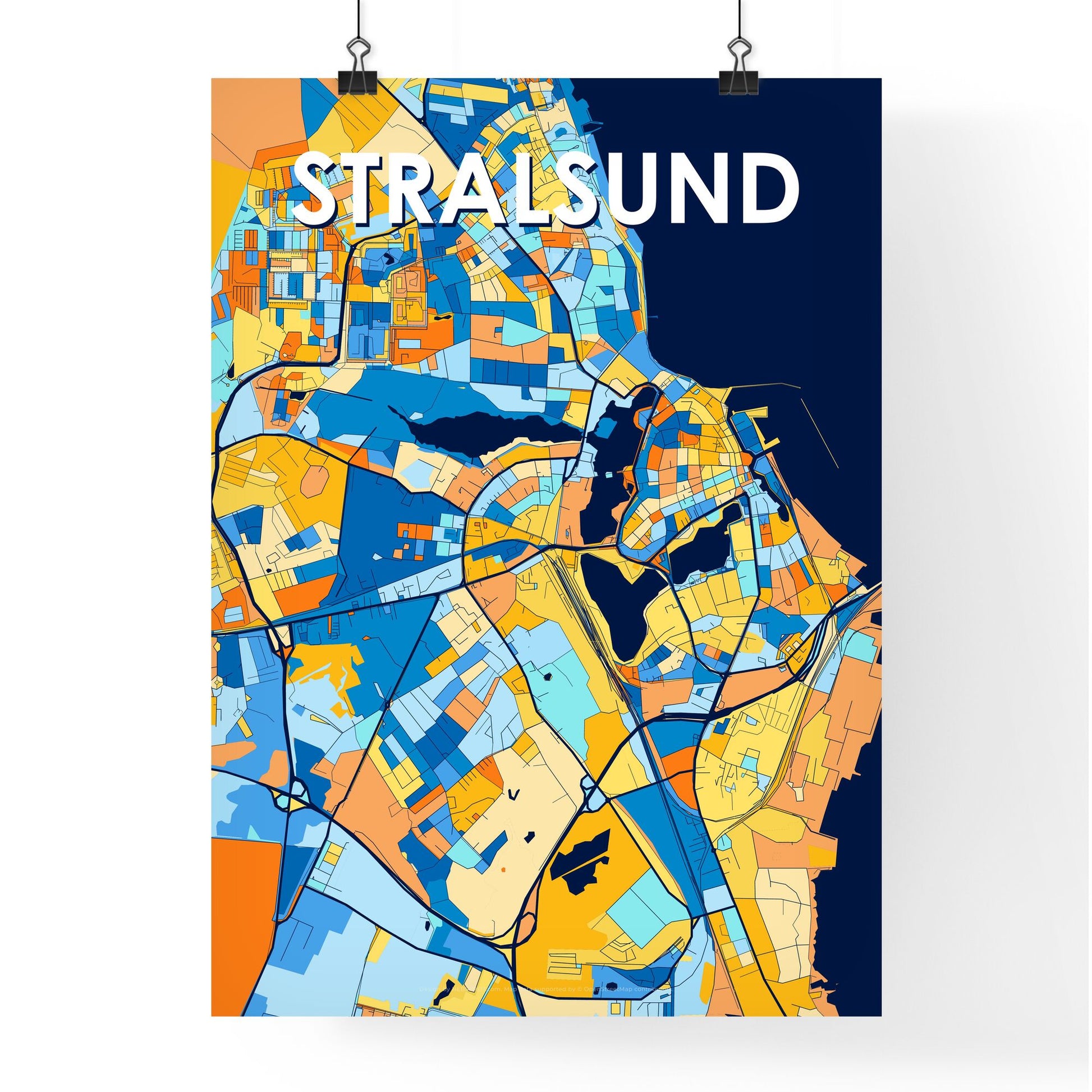 STRALSUND GERMANY Vibrant Colorful Art Map Poster Blue Orange