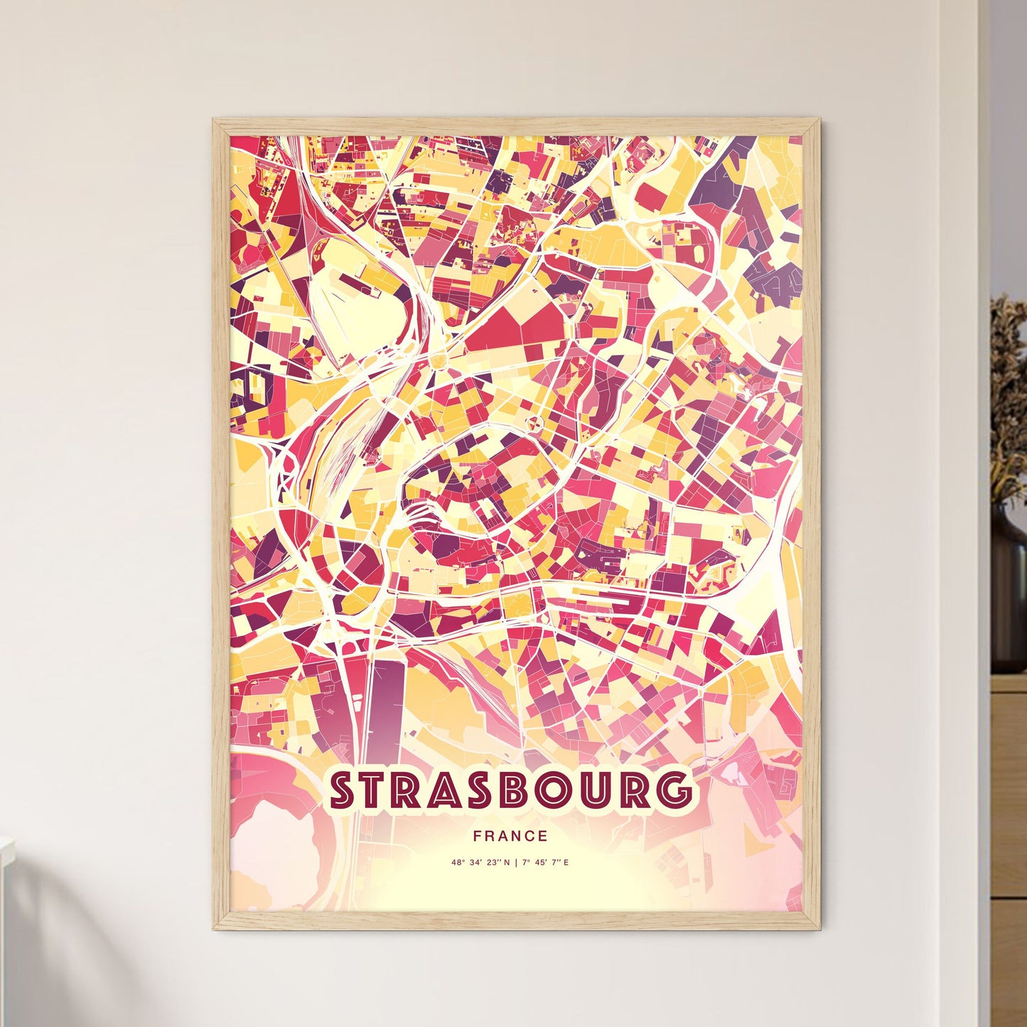 Colorful Strasbourg France Fine Art Map Hot Red