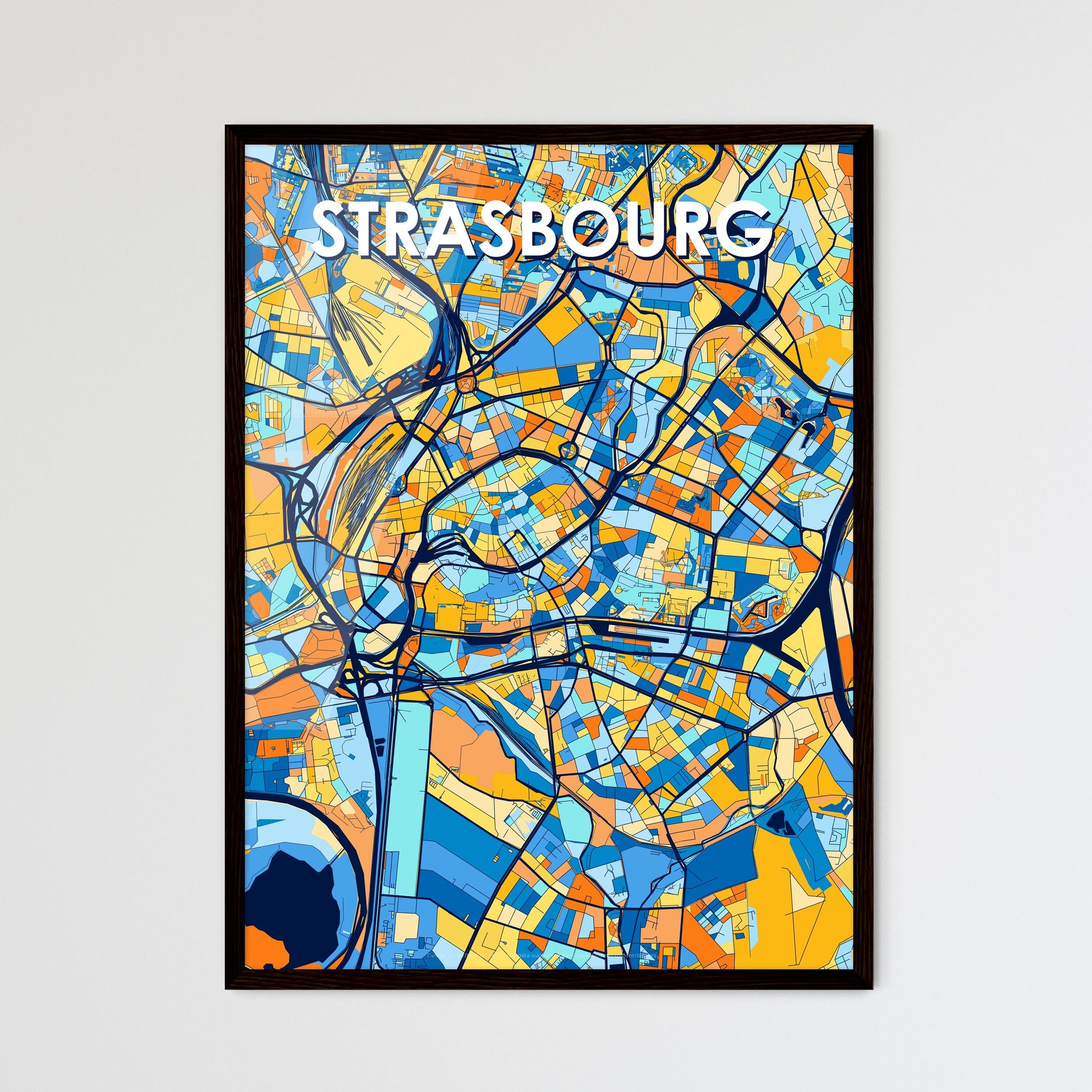 STRASBOURG FRANCE Vibrant Colorful Art Map Poster Blue Orange