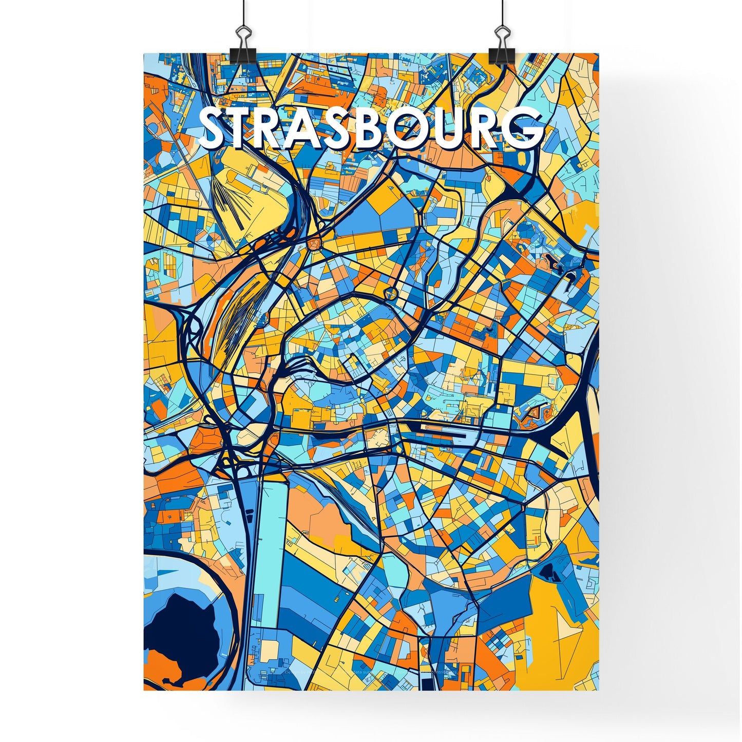 STRASBOURG FRANCE Vibrant Colorful Art Map Poster Blue Orange