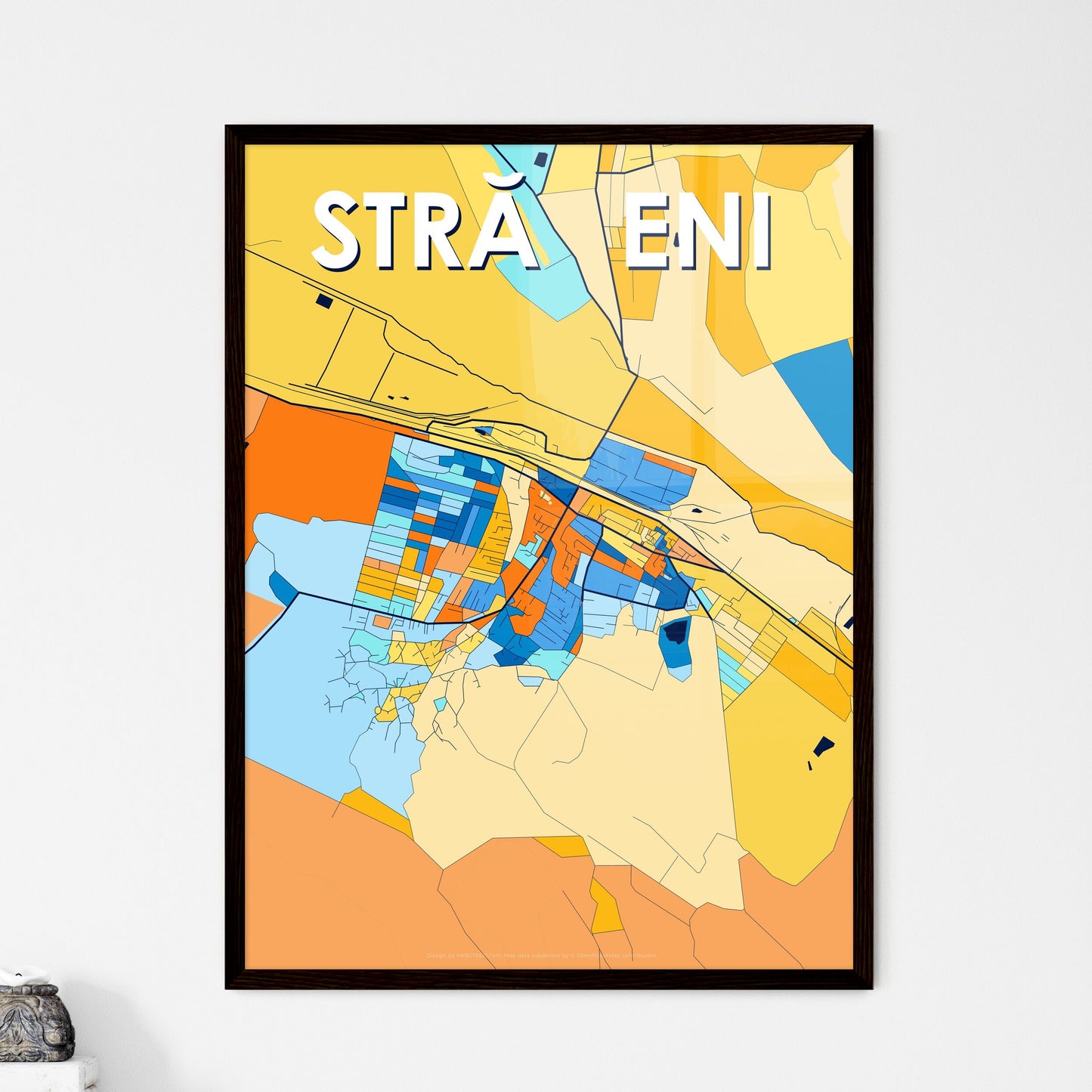 STRĂȘENI MOLDOVA Vibrant Colorful Art Map Poster Blue Orange