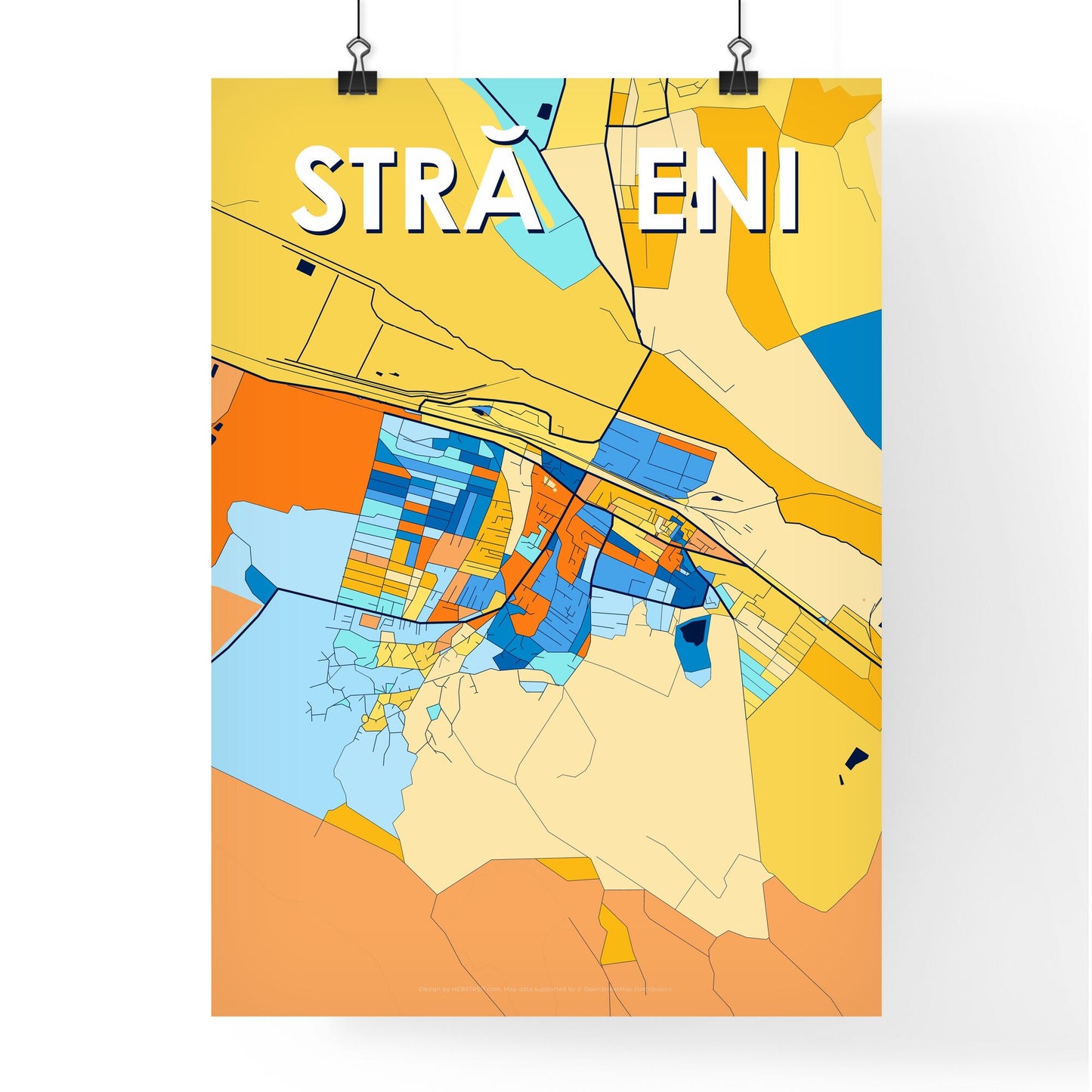 STRĂȘENI MOLDOVA Vibrant Colorful Art Map Poster Blue Orange