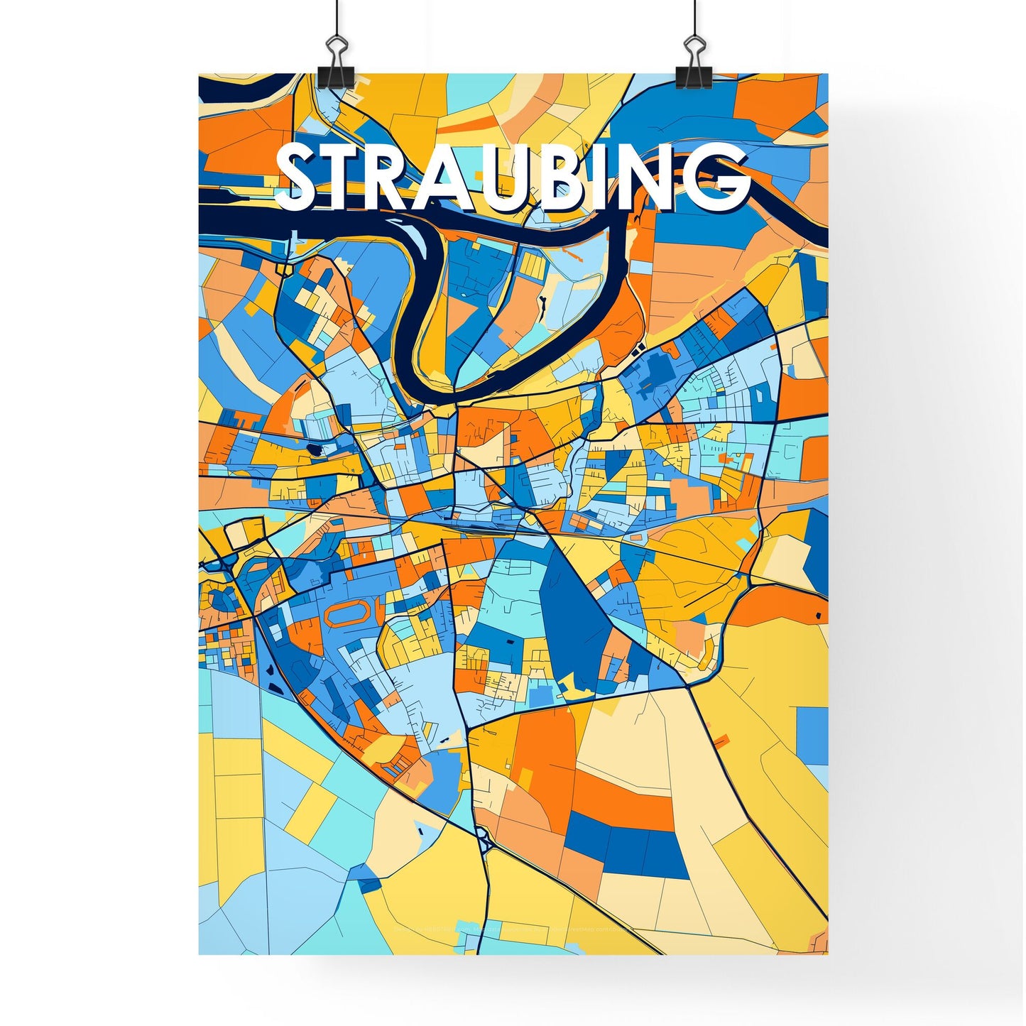 STRAUBING GERMANY Vibrant Colorful Art Map Poster Blue Orange