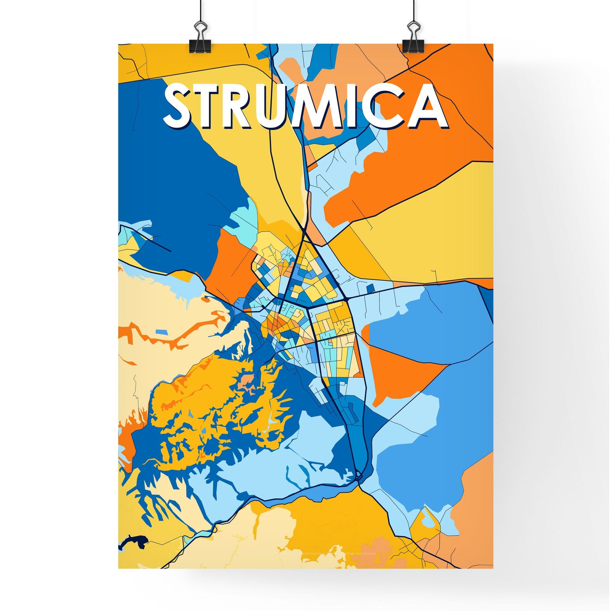 STRUMICA NORTH MACEDONIA Vibrant Colorful Art Map Poster Blue Orange