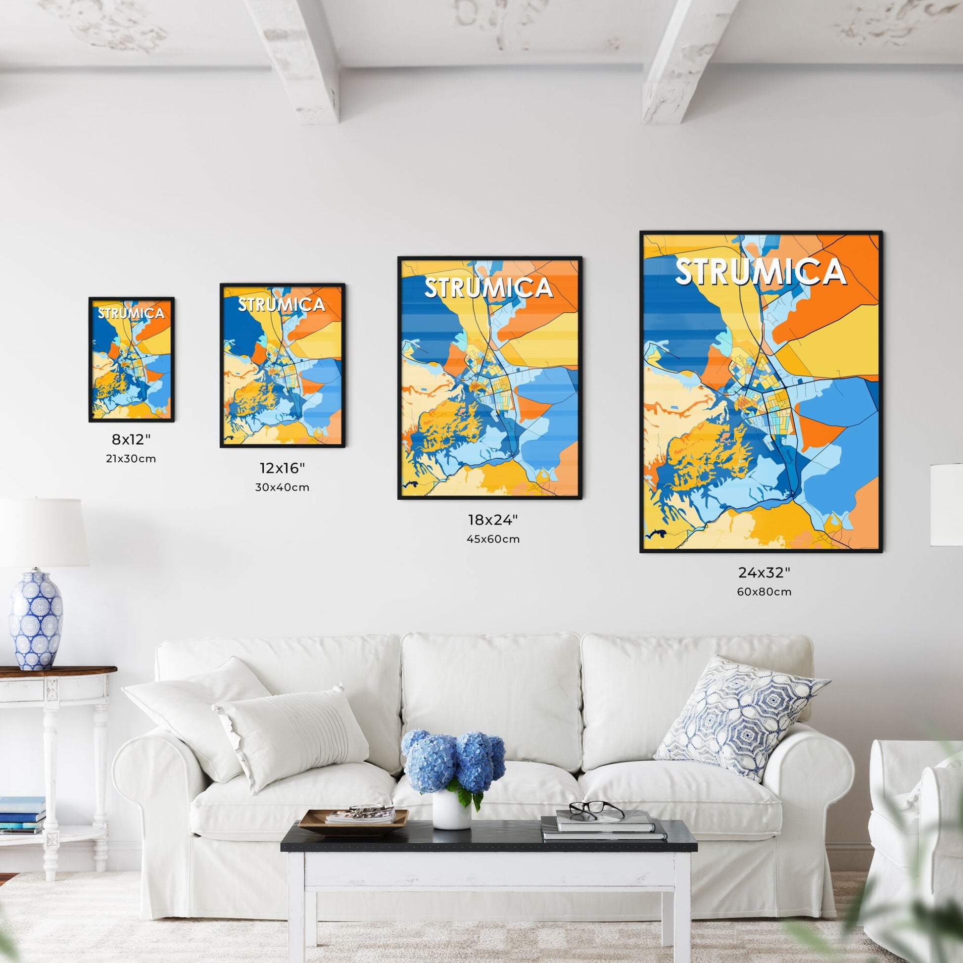 STRUMICA NORTH MACEDONIA Vibrant Colorful Art Map Poster Blue Orange