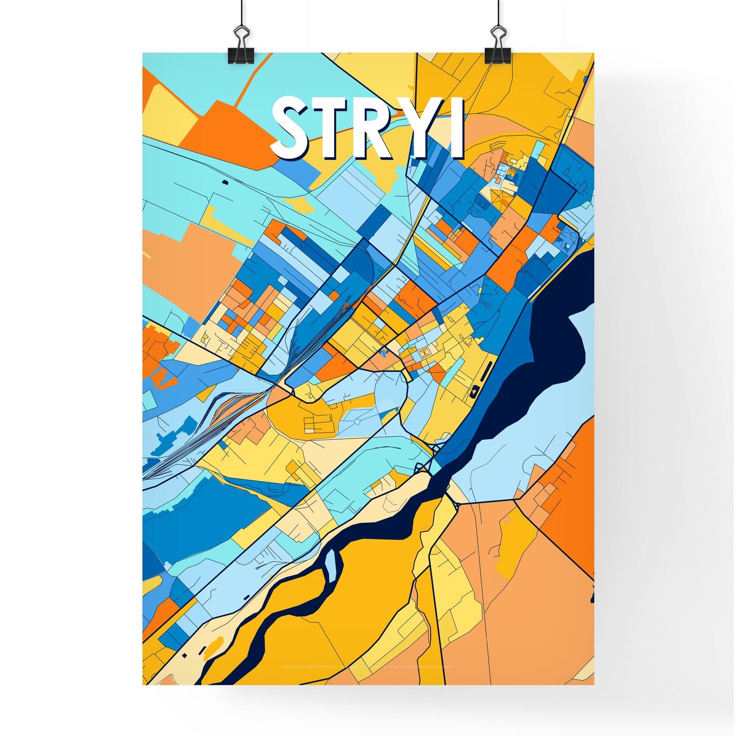 STRYI UKRAINE Vibrant Colorful Art Map Poster Blue Orange