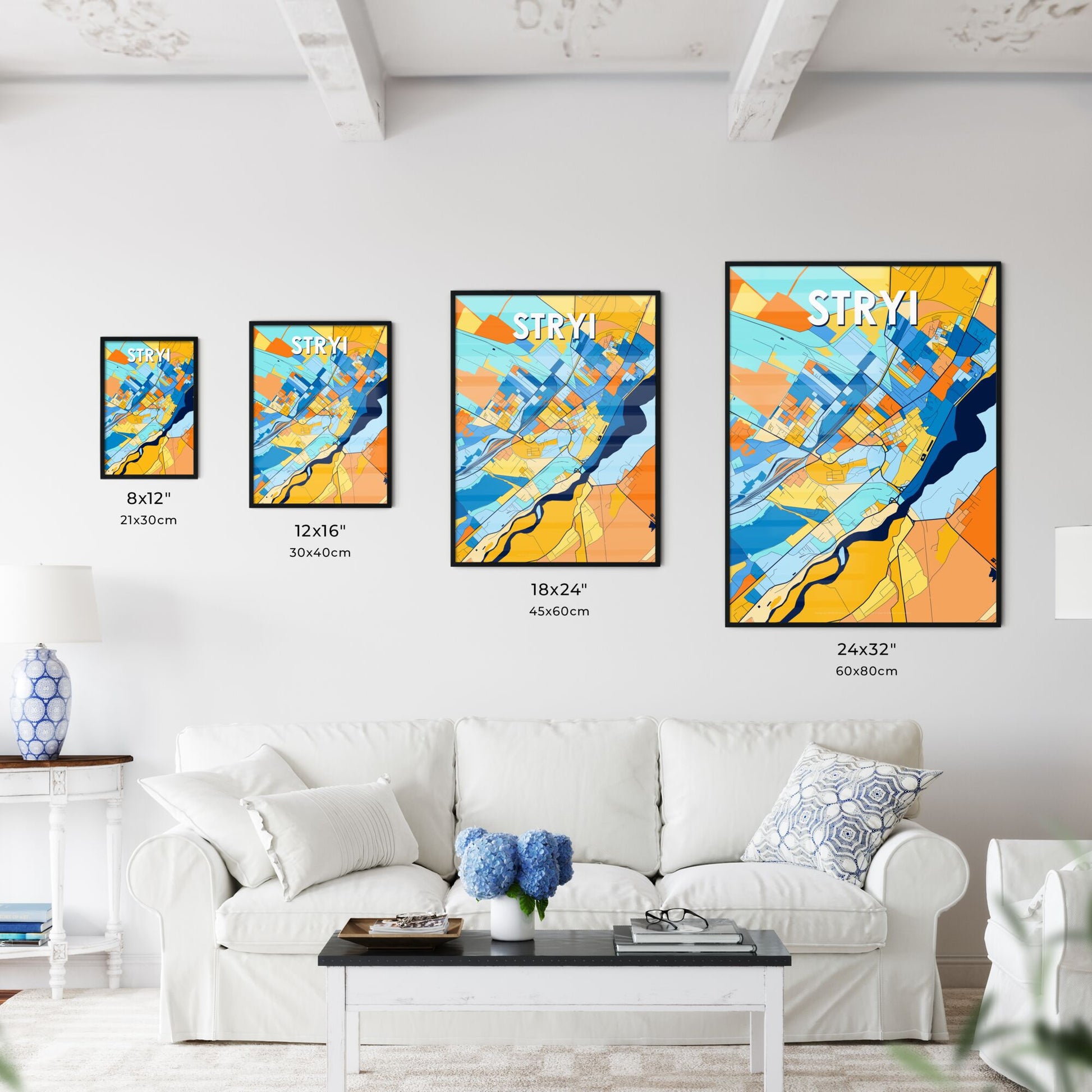 STRYI UKRAINE Vibrant Colorful Art Map Poster Blue Orange