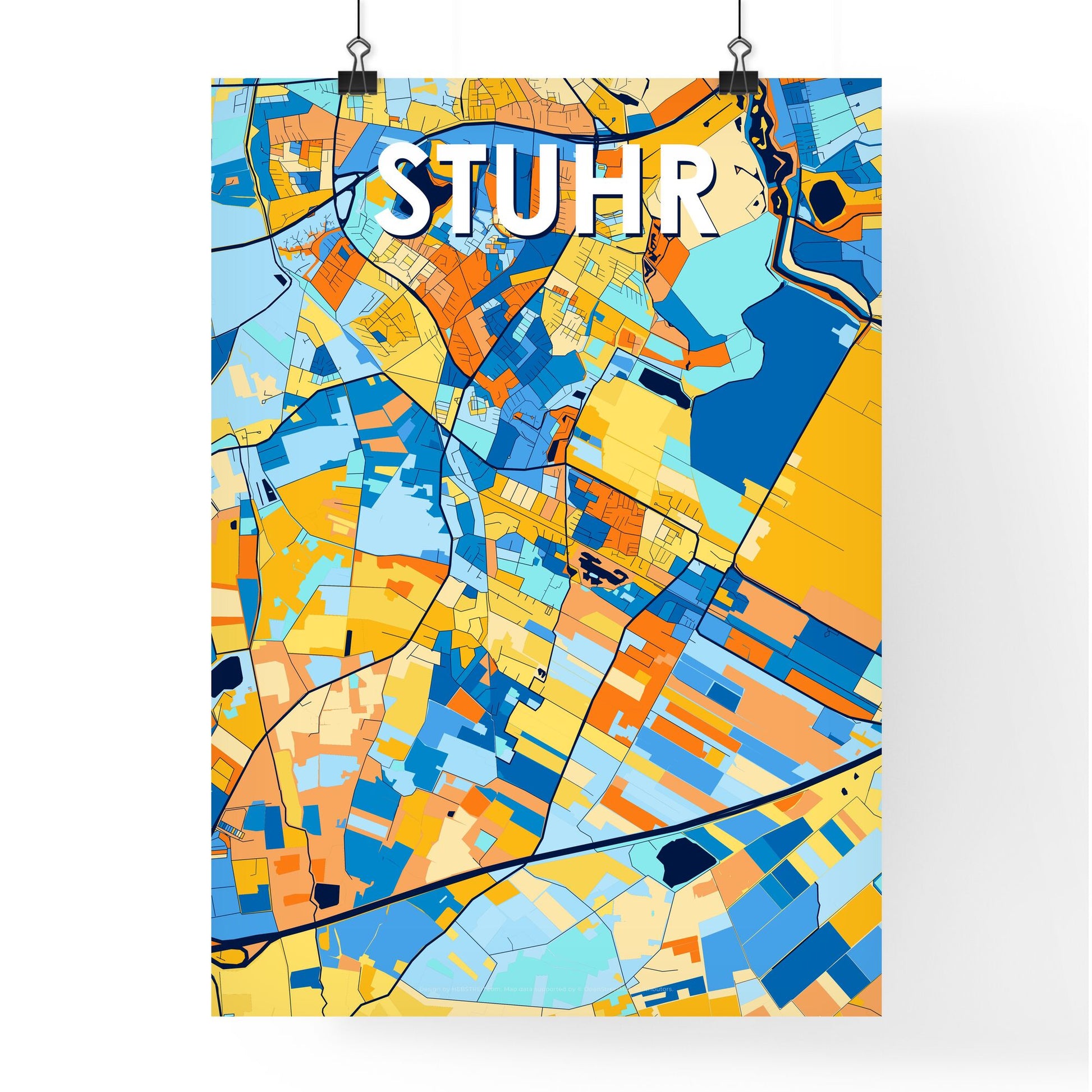 STUHR GERMANY Vibrant Colorful Art Map Poster Blue Orange