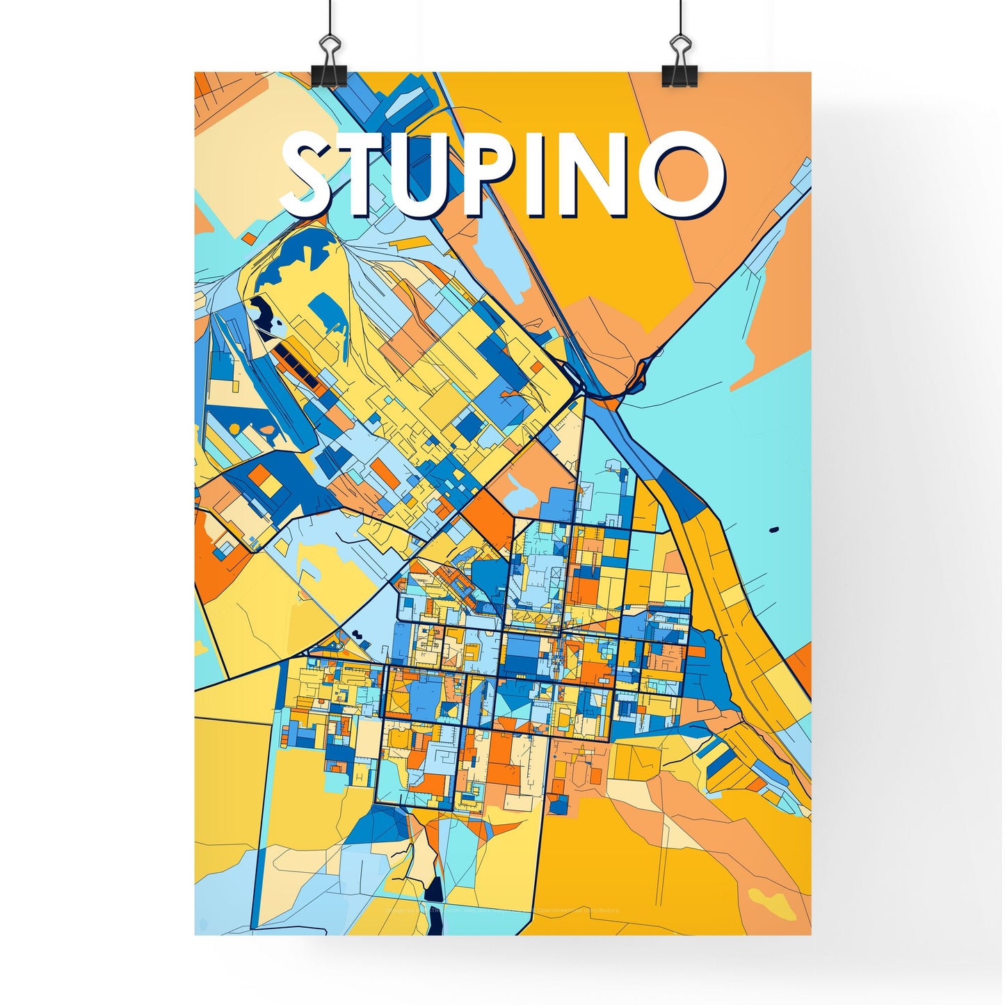 STUPINO RUSSIA Vibrant Colorful Art Map Poster Blue Orange