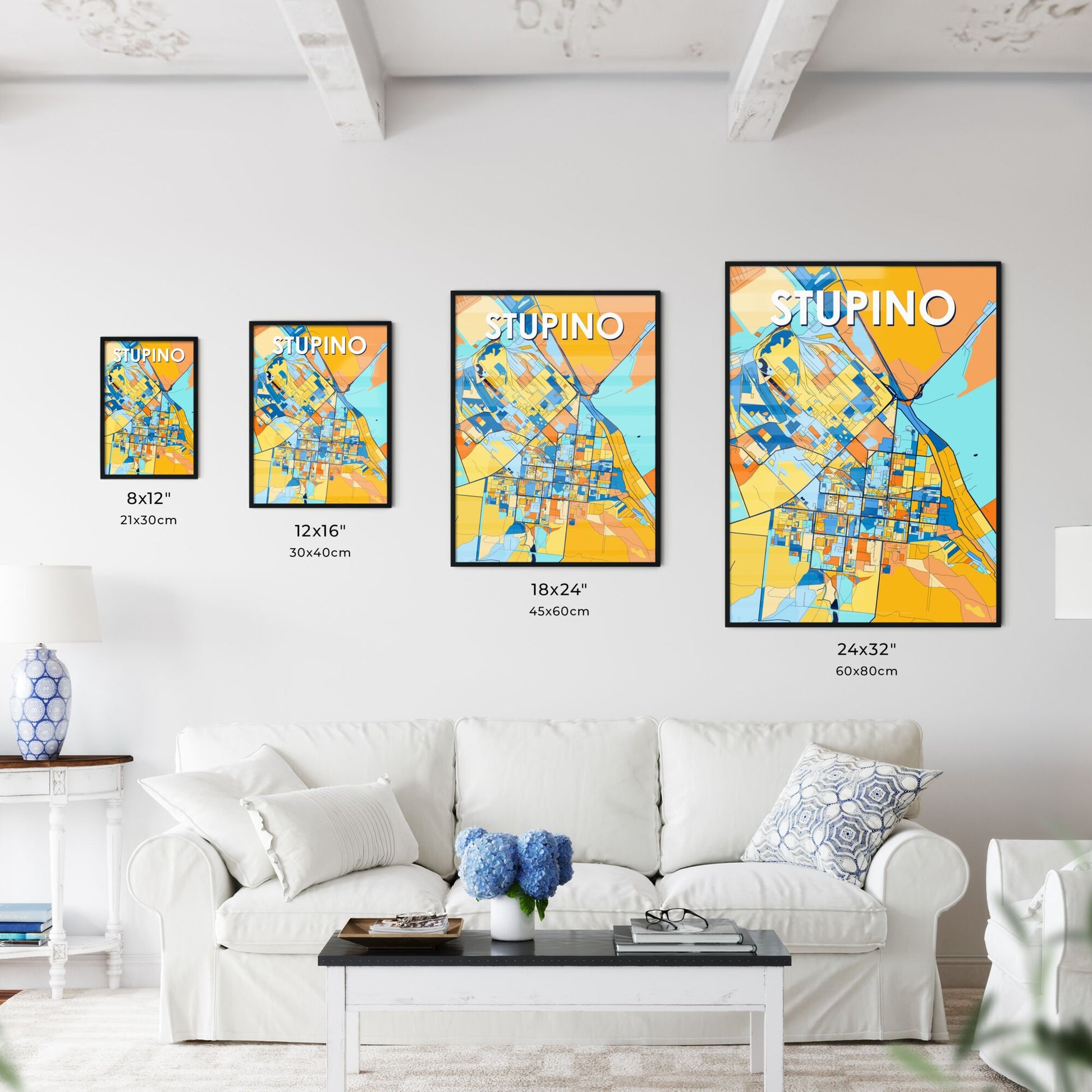 STUPINO RUSSIA Vibrant Colorful Art Map Poster Blue Orange