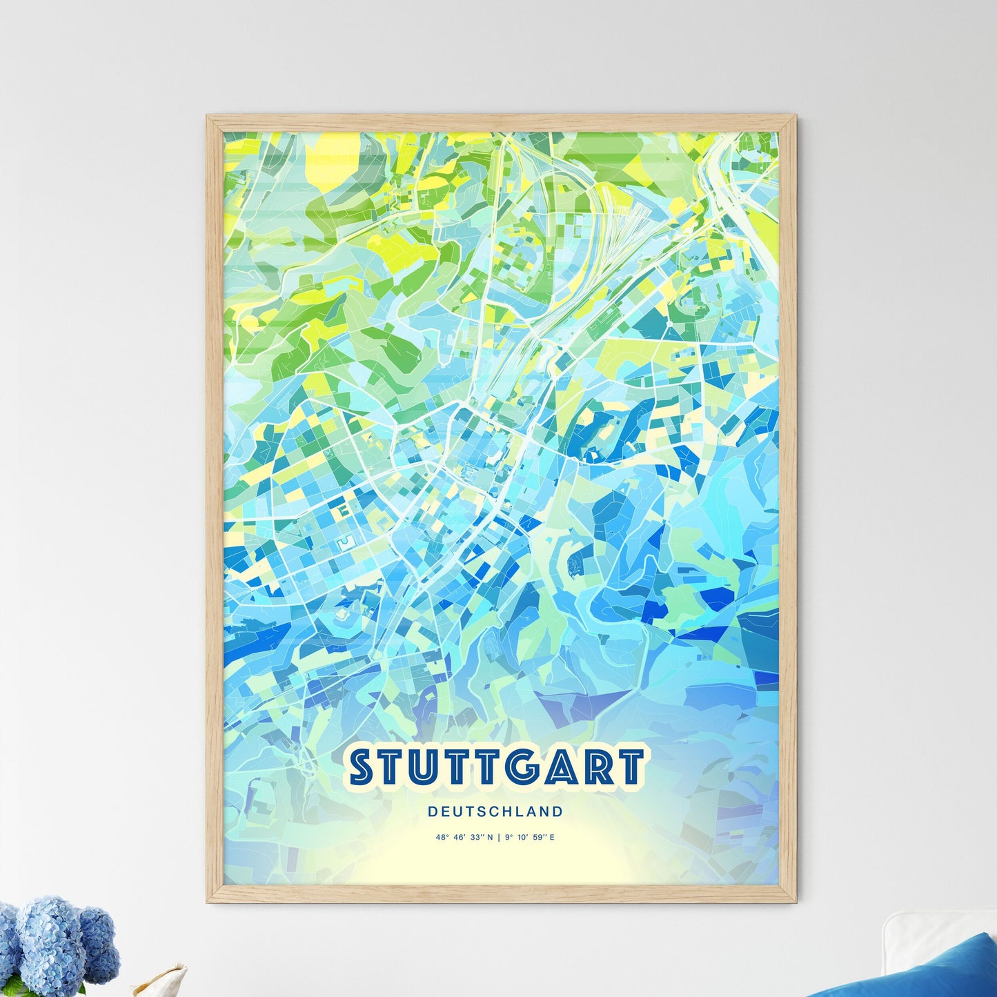 Colorful Stuttgart Germany Fine Art Map Cool Blue