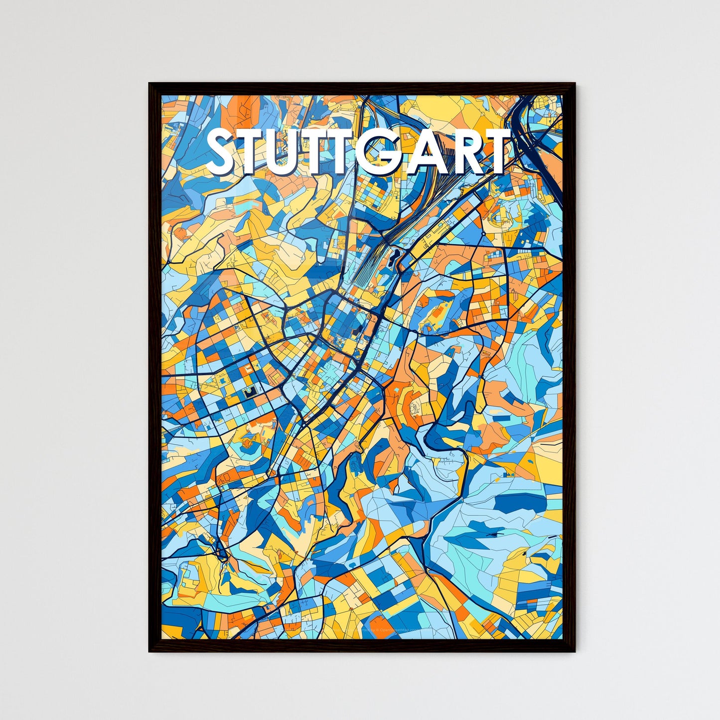 STUTTGART GERMANY Vibrant Colorful Art Map Poster Blue Orange