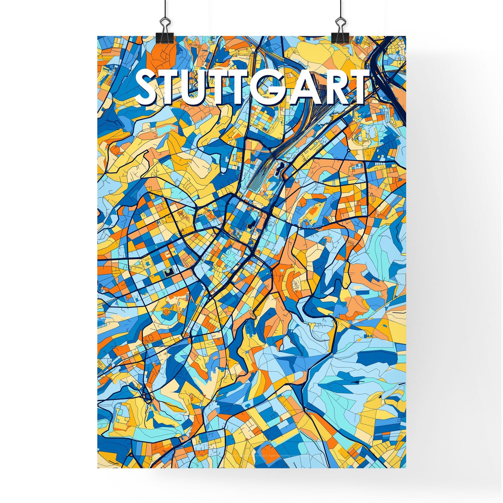 STUTTGART GERMANY Vibrant Colorful Art Map Poster Blue Orange