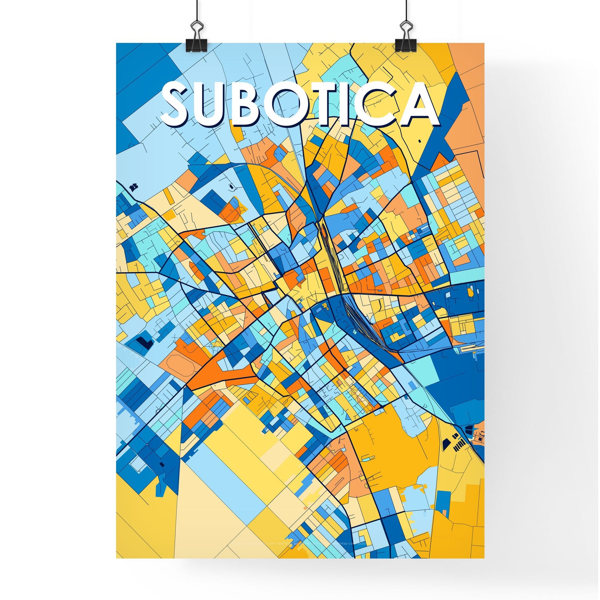 SUBOTICA SERBIA Vibrant Colorful Art Map Poster Blue Orange