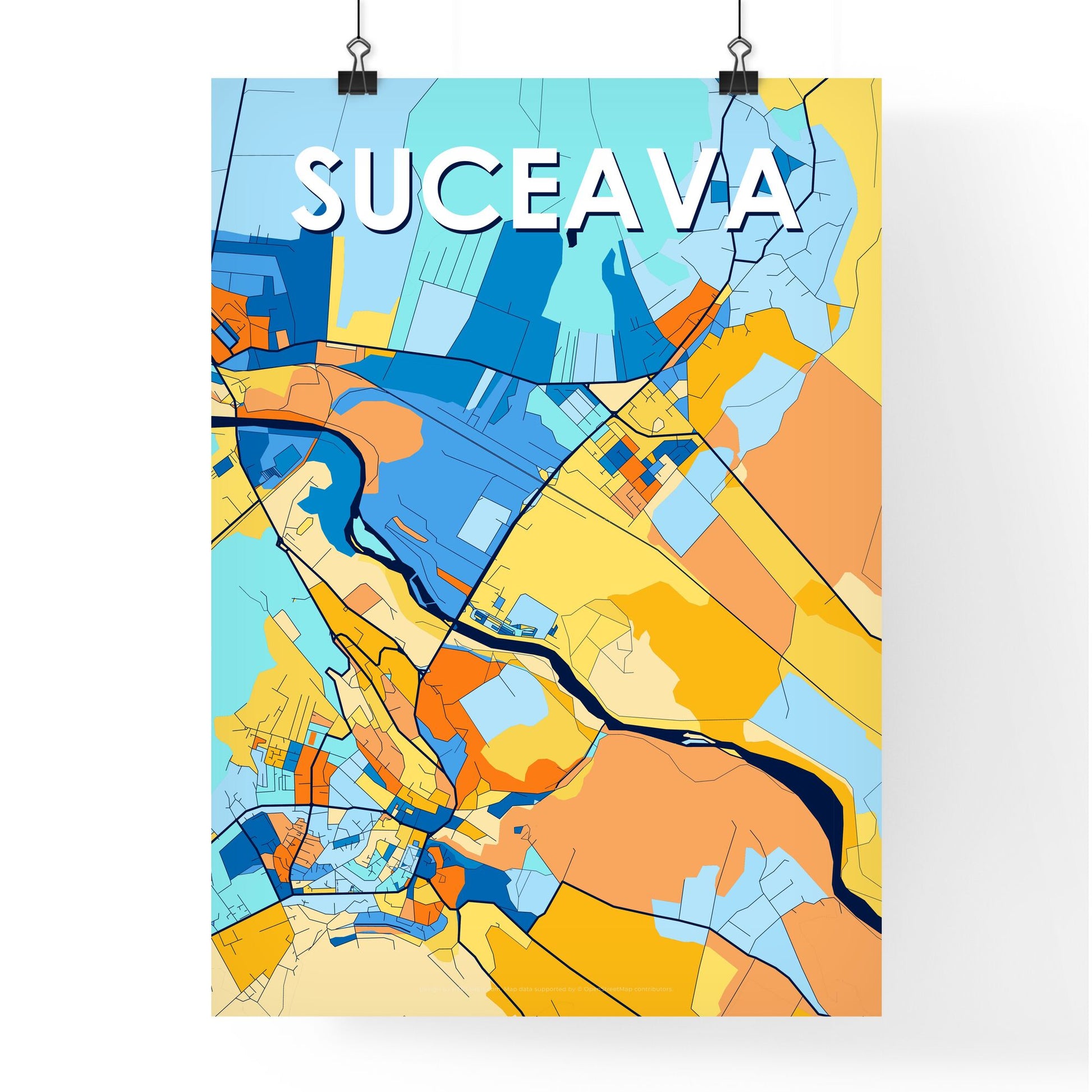 SUCEAVA ROMANIA Vibrant Colorful Art Map Poster Blue Orange