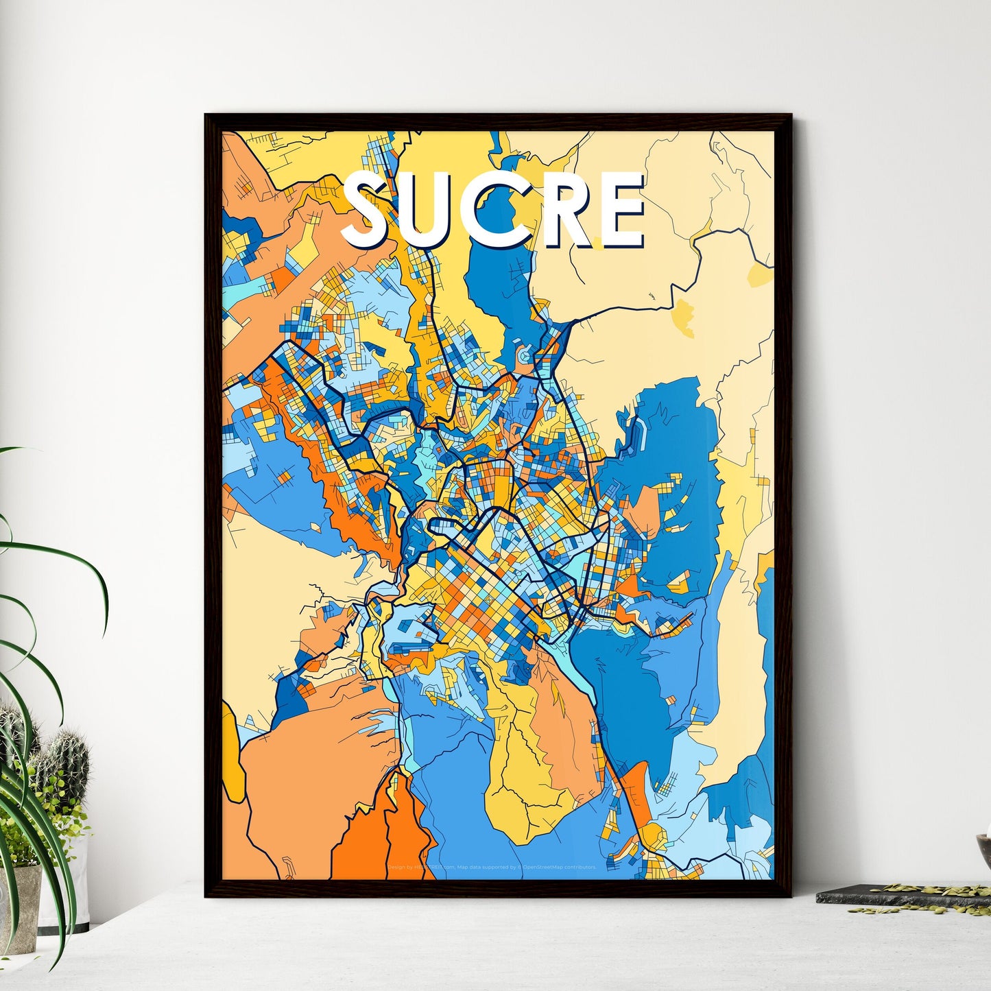 SUCRE BOLIVIA Vibrant Colorful Art Map Poster Blue Orange