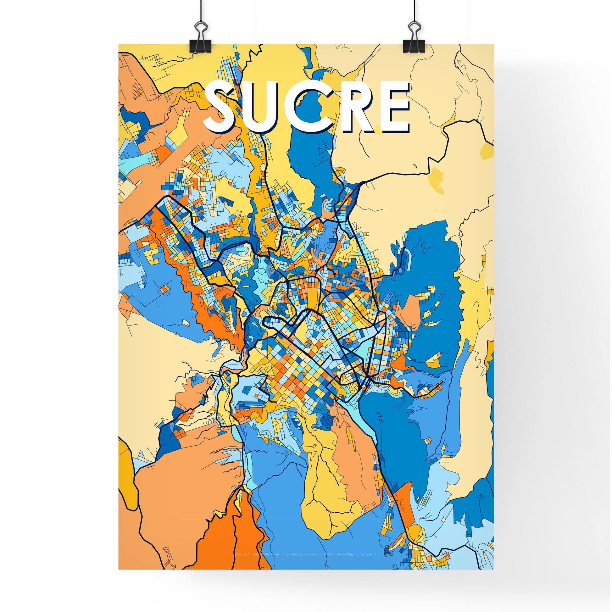 SUCRE BOLIVIA Vibrant Colorful Art Map Poster Blue Orange