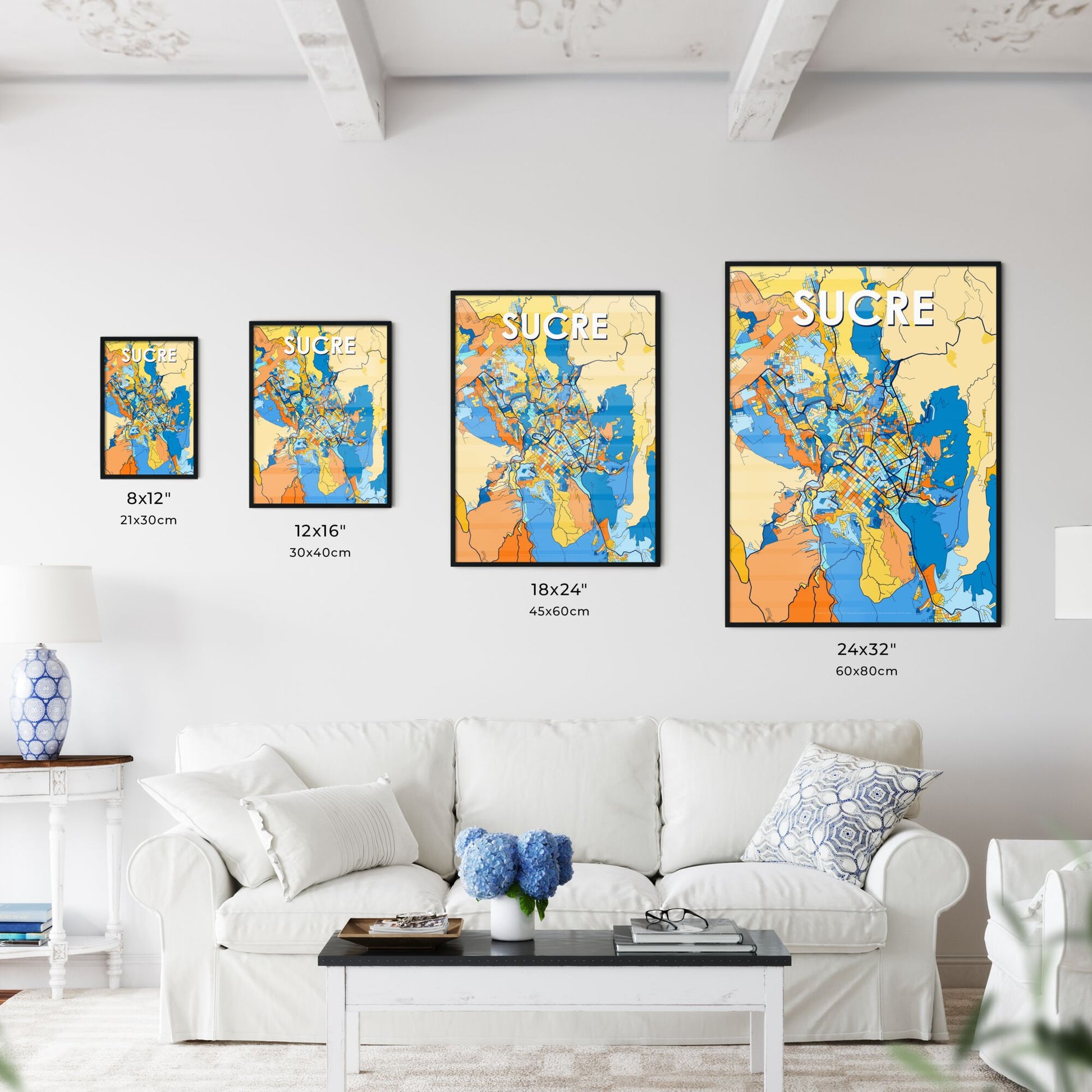 SUCRE BOLIVIA Vibrant Colorful Art Map Poster Blue Orange