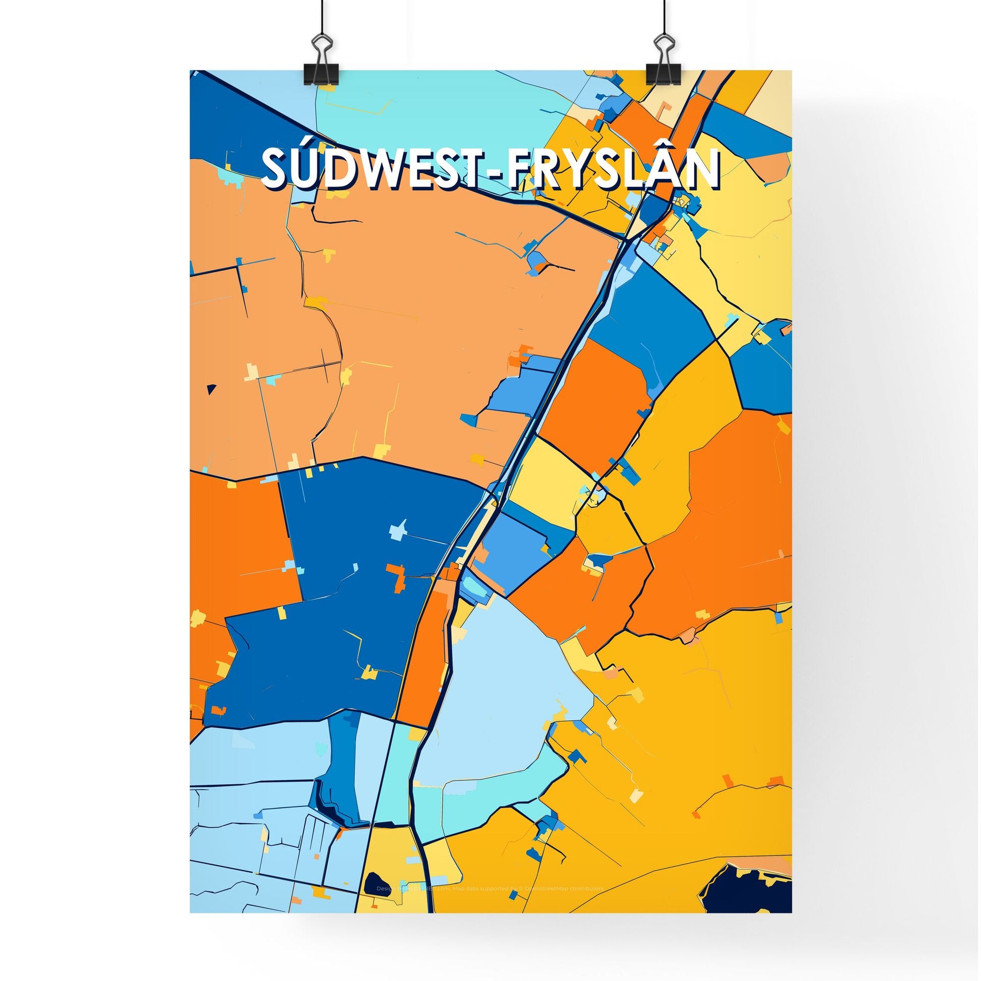 SÚDWEST-FRYSLÂN NETHERLANDS Vibrant Colorful Art Map Poster Blue Orange