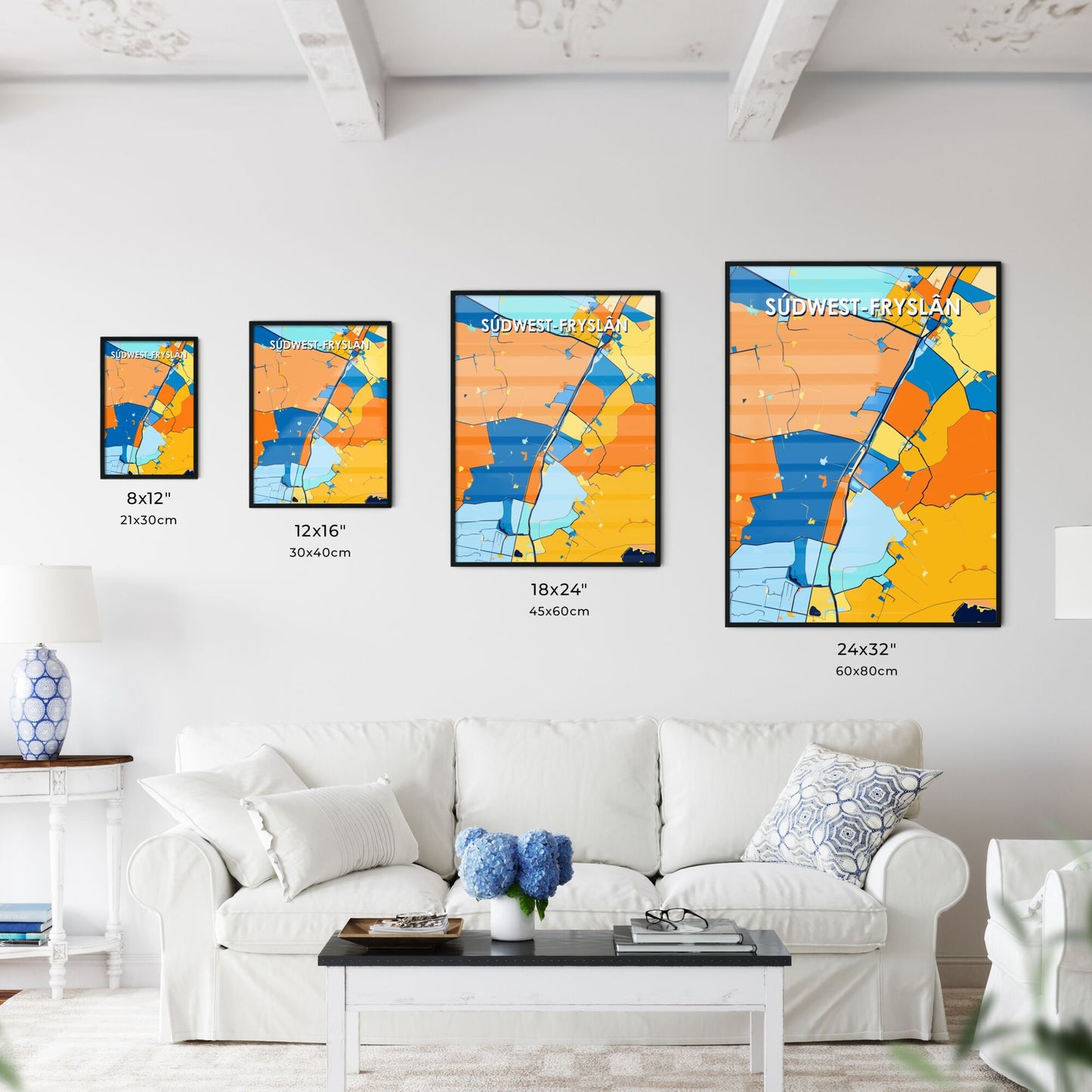 SÚDWEST-FRYSLÂN NETHERLANDS Vibrant Colorful Art Map Poster Blue Orange