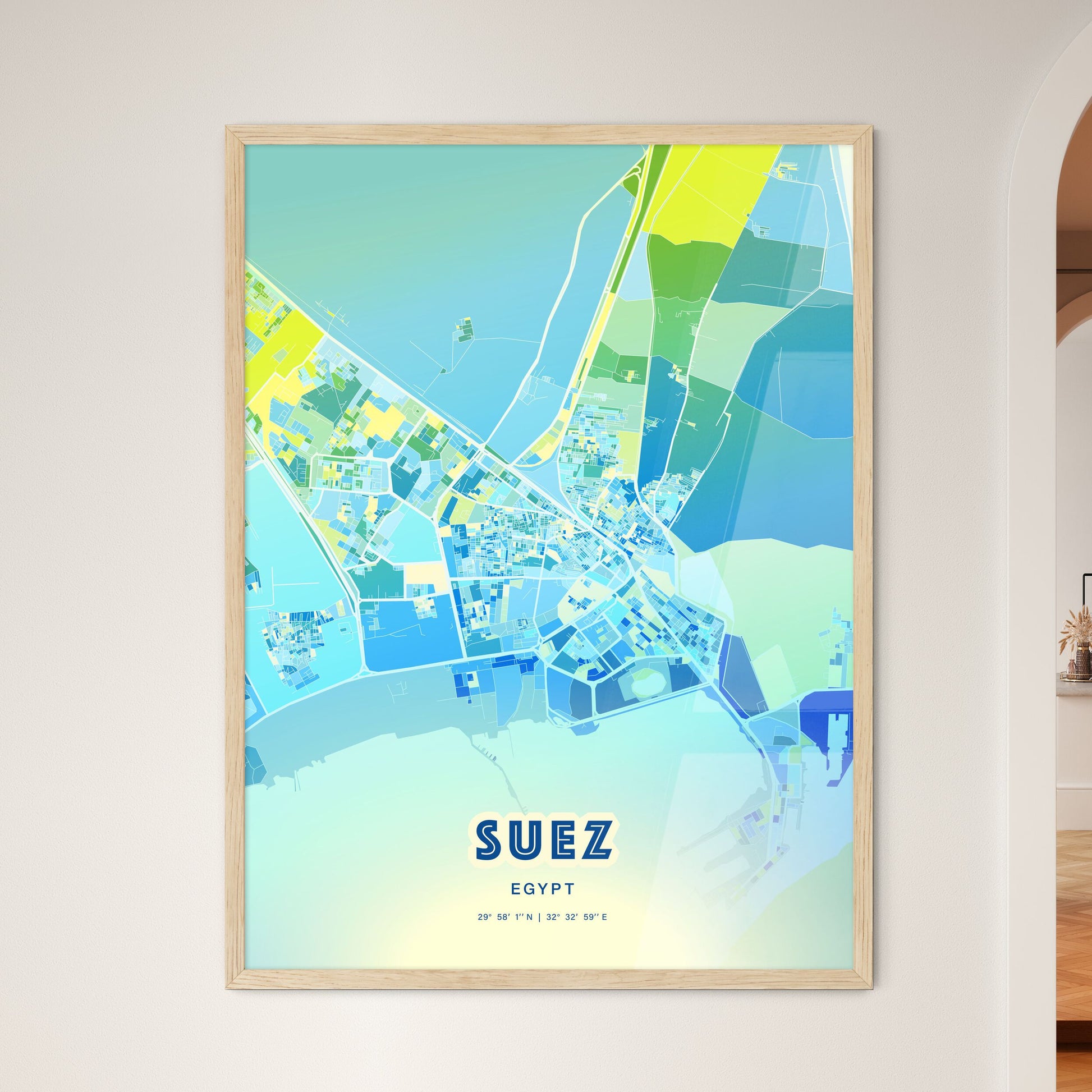 Colorful Suez Egypt Fine Art Map Cool Blue