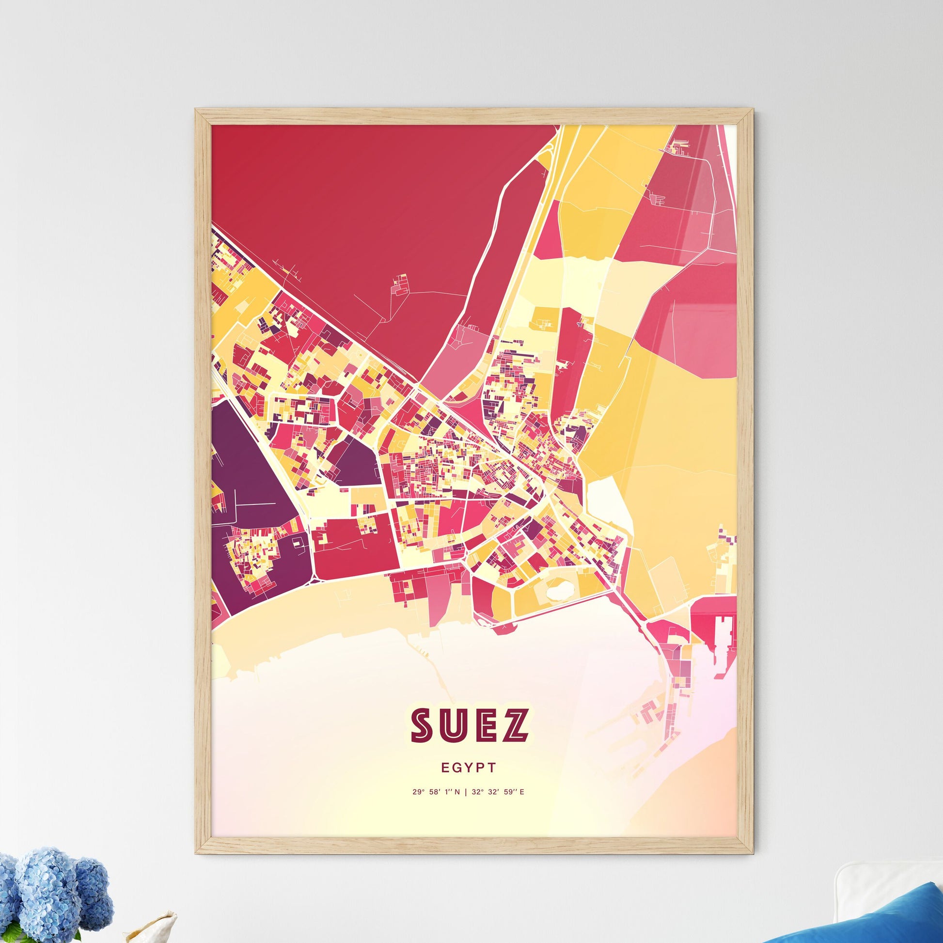 Colorful Suez Egypt Fine Art Map Hot Red