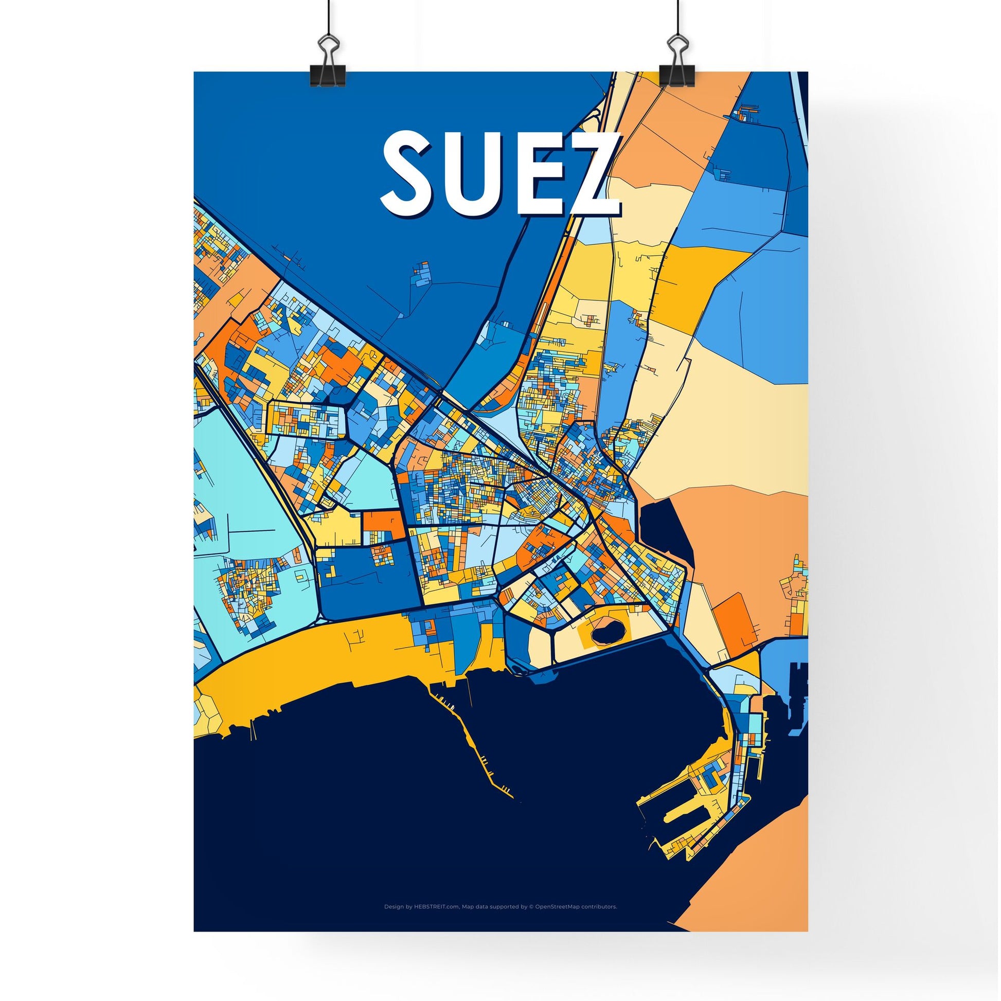 SUEZ EGYPT Vibrant Colorful Art Map Poster Blue Orange