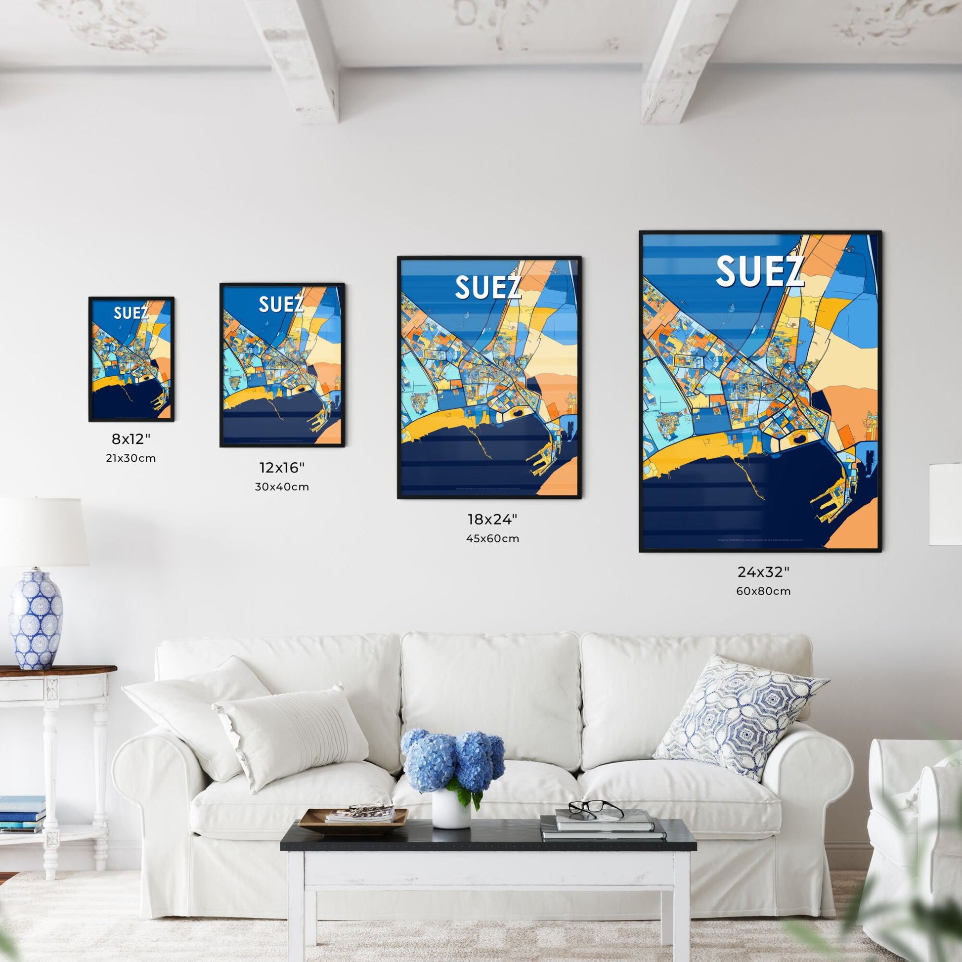 SUEZ EGYPT Vibrant Colorful Art Map Poster Blue Orange