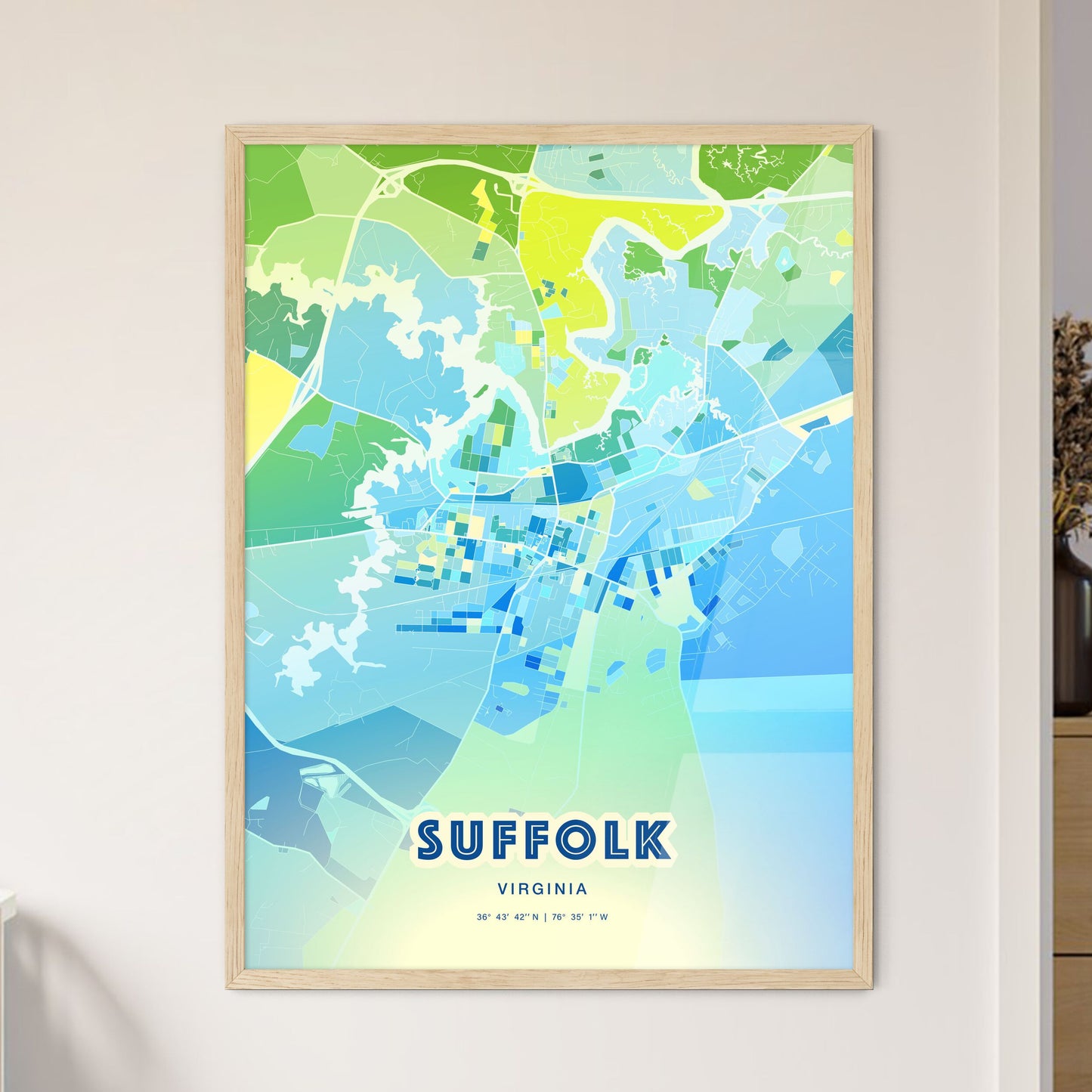 Colorful Suffolk Virginia Fine Art Map Cool Blue