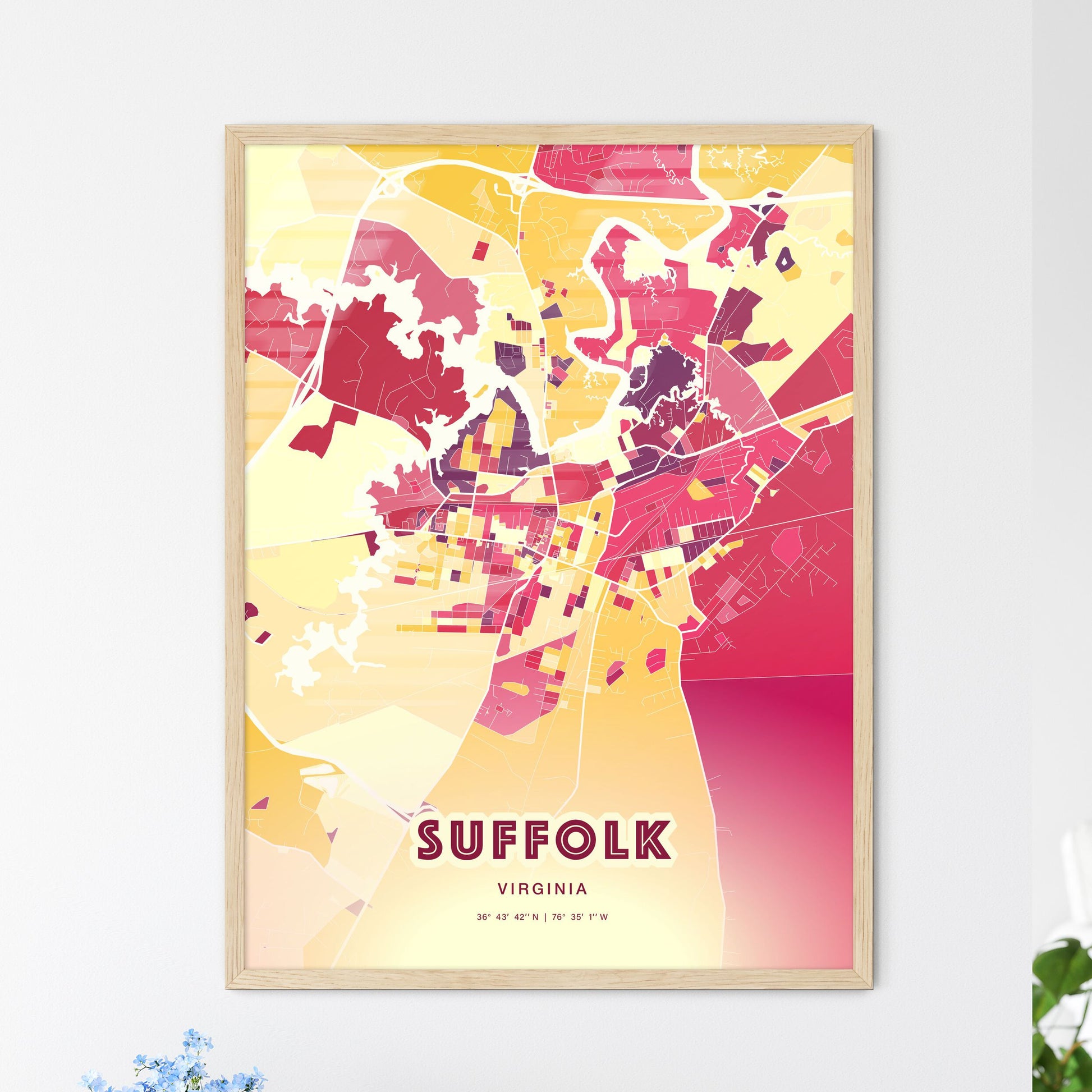 Colorful Suffolk Virginia Fine Art Map Hot Red