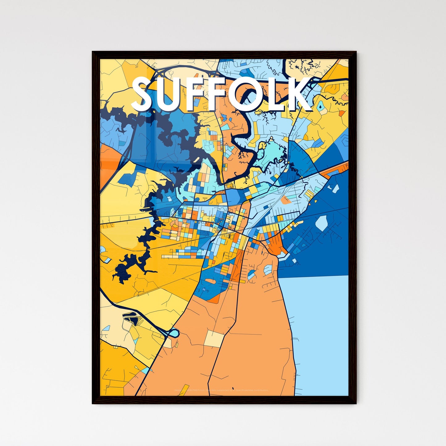 SUFFOLK VIRGINIA Vibrant Colorful Art Map Poster Blue Orange