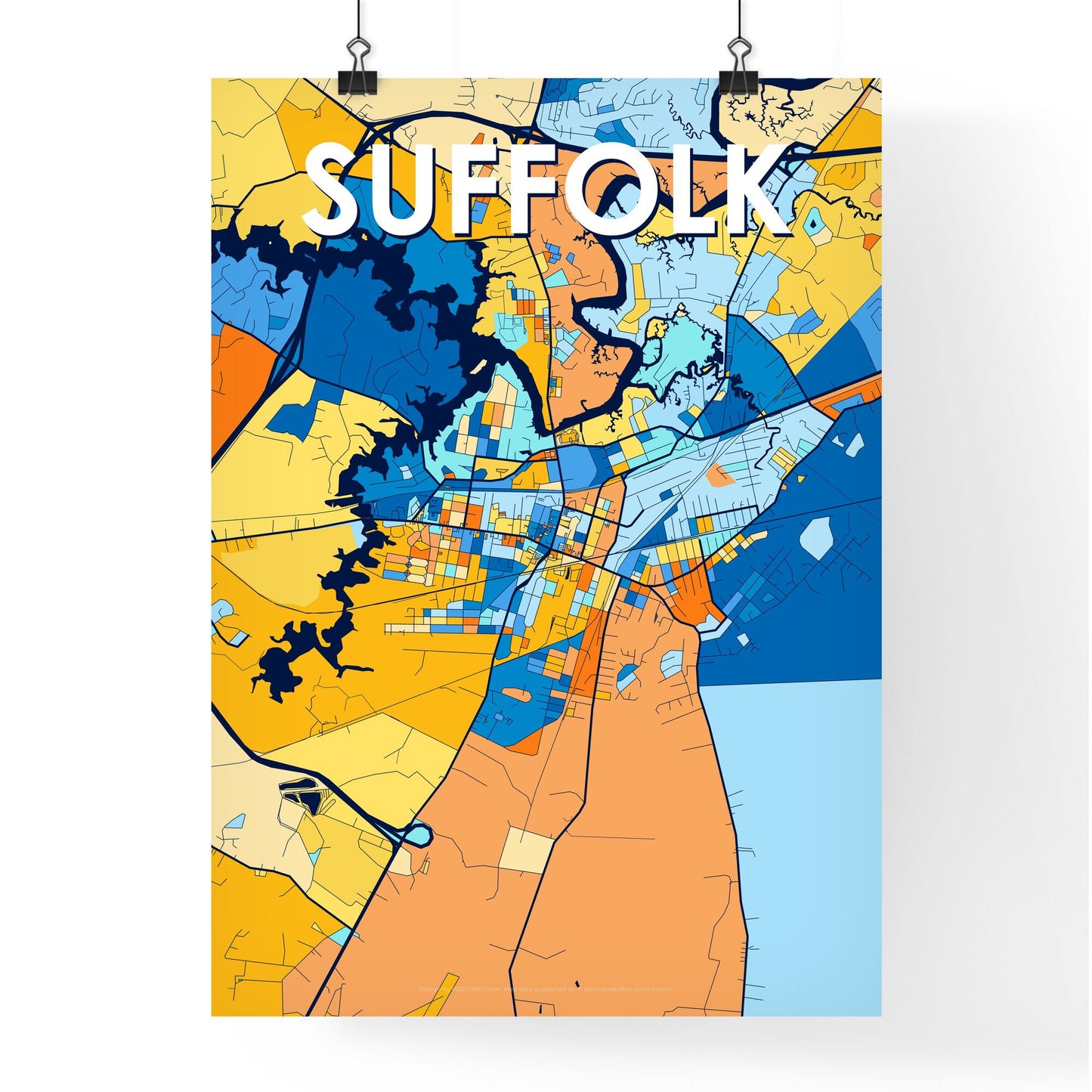 SUFFOLK VIRGINIA Vibrant Colorful Art Map Poster Blue Orange