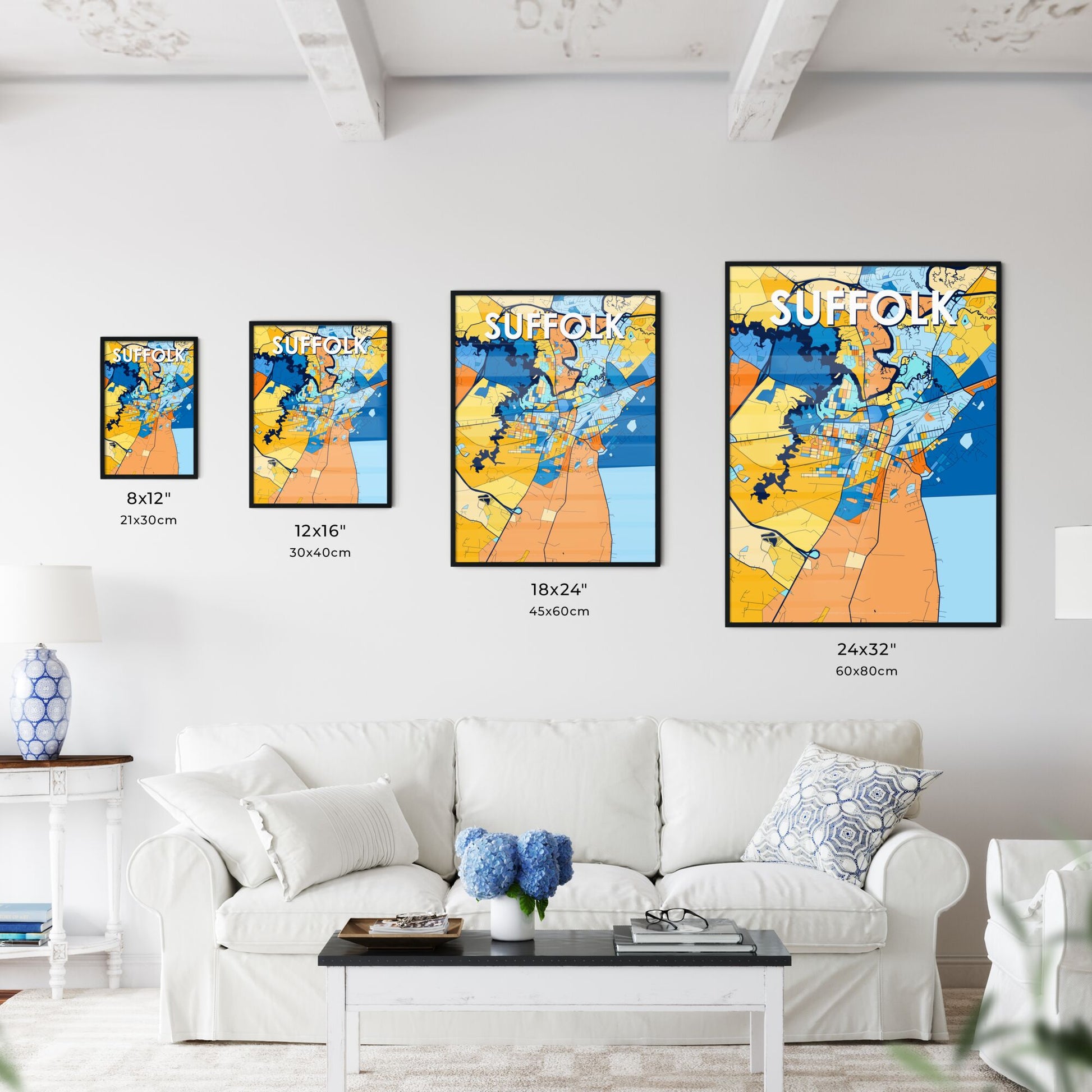 SUFFOLK VIRGINIA Vibrant Colorful Art Map Poster Blue Orange