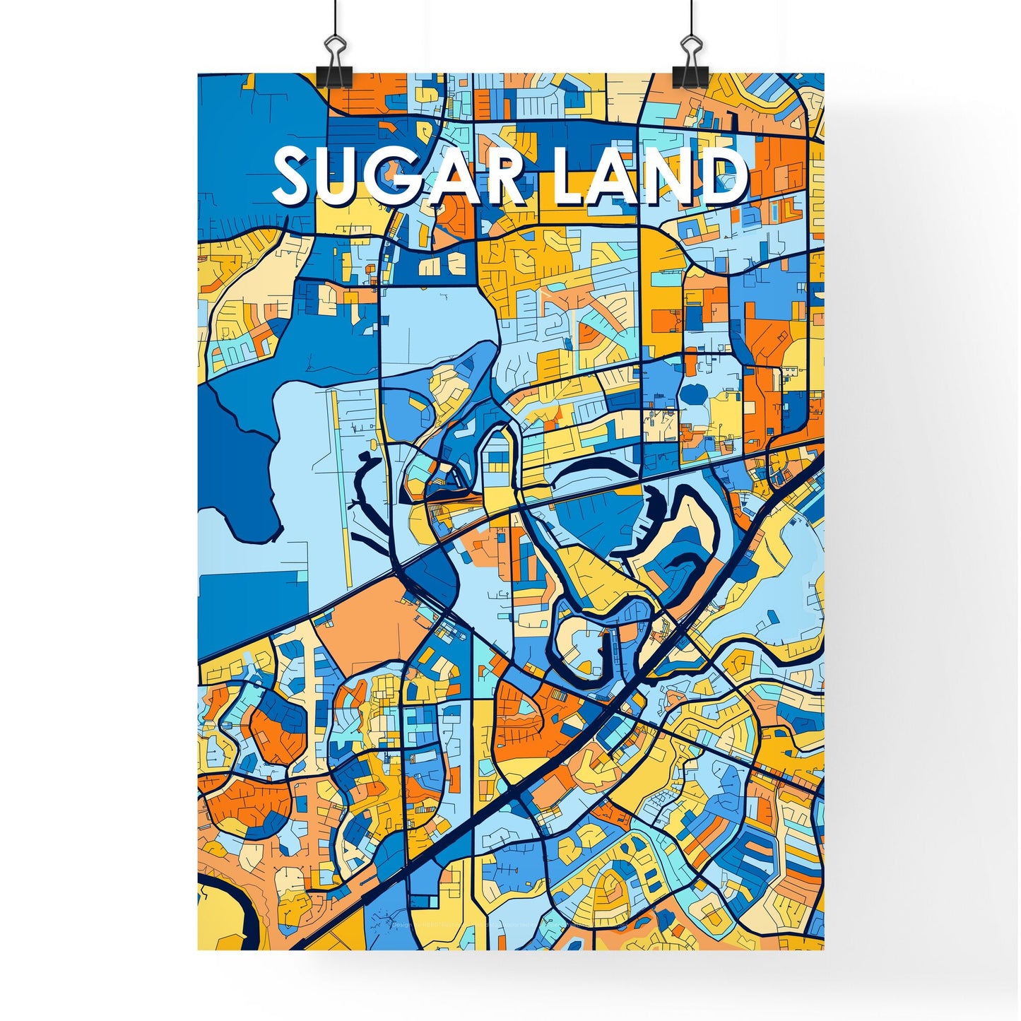 SUGAR LAND TEXAS Vibrant Colorful Art Map Poster Blue Orange