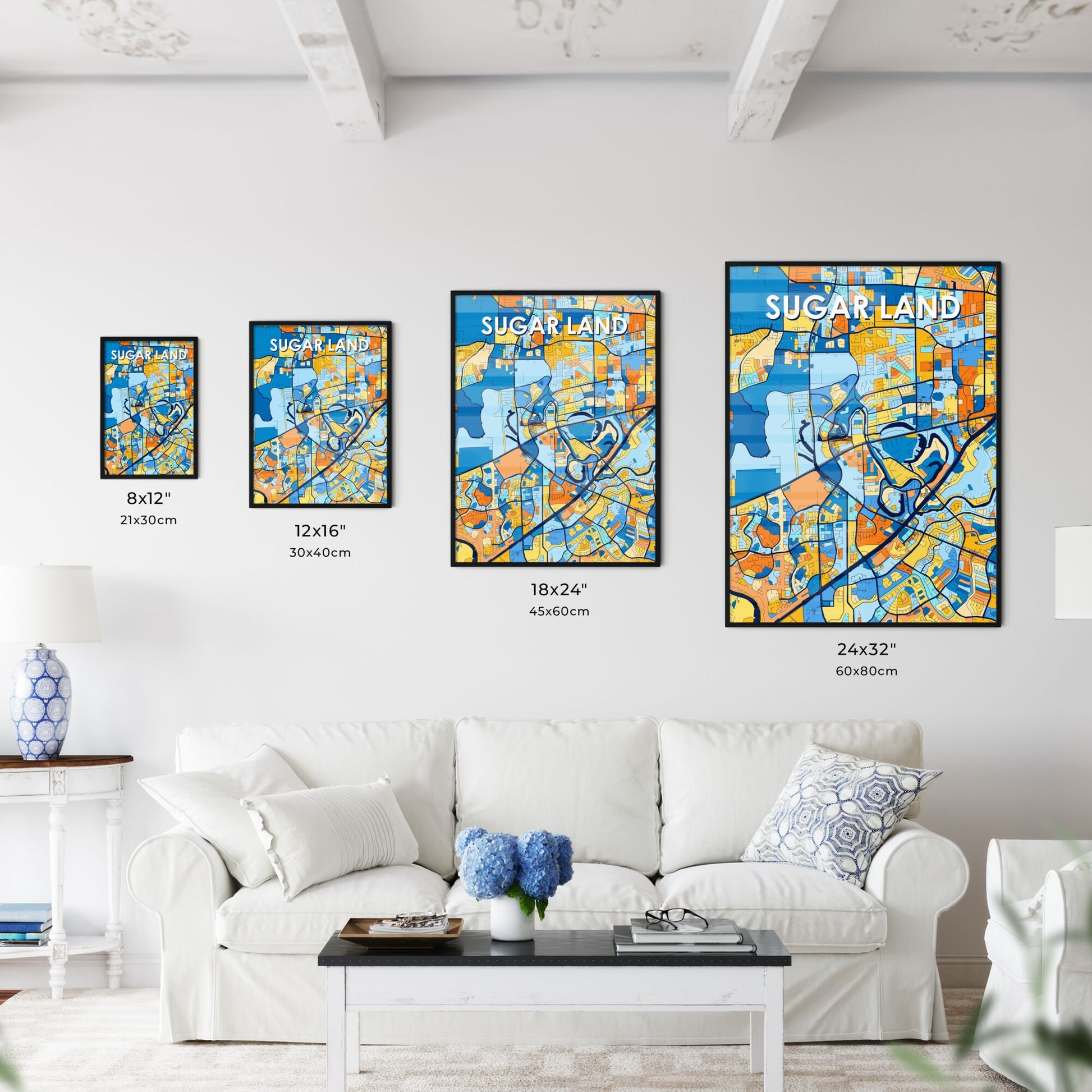 SUGAR LAND TEXAS Vibrant Colorful Art Map Poster Blue Orange