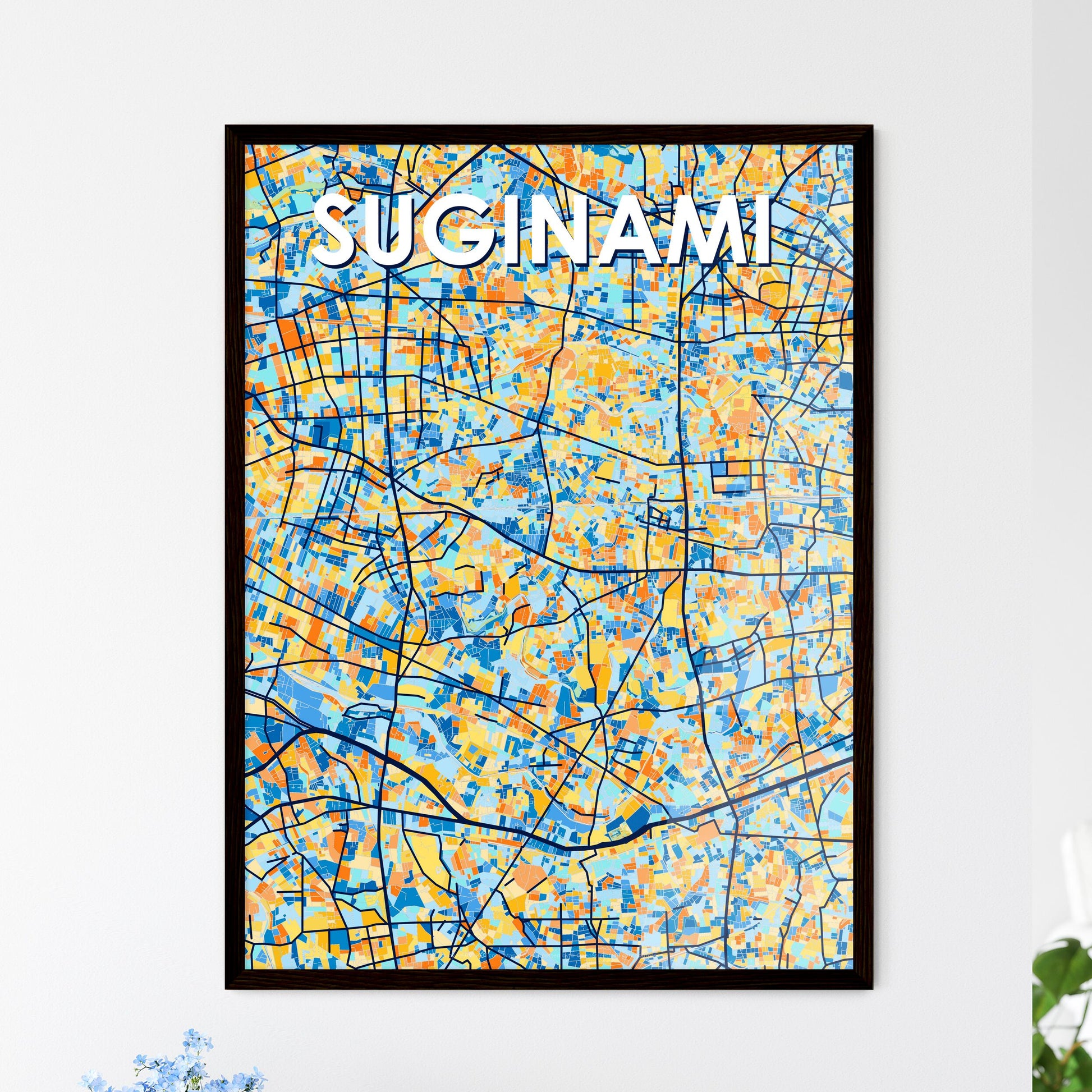 SUGINAMI JAPAN Vibrant Colorful Art Map Poster Blue Orange