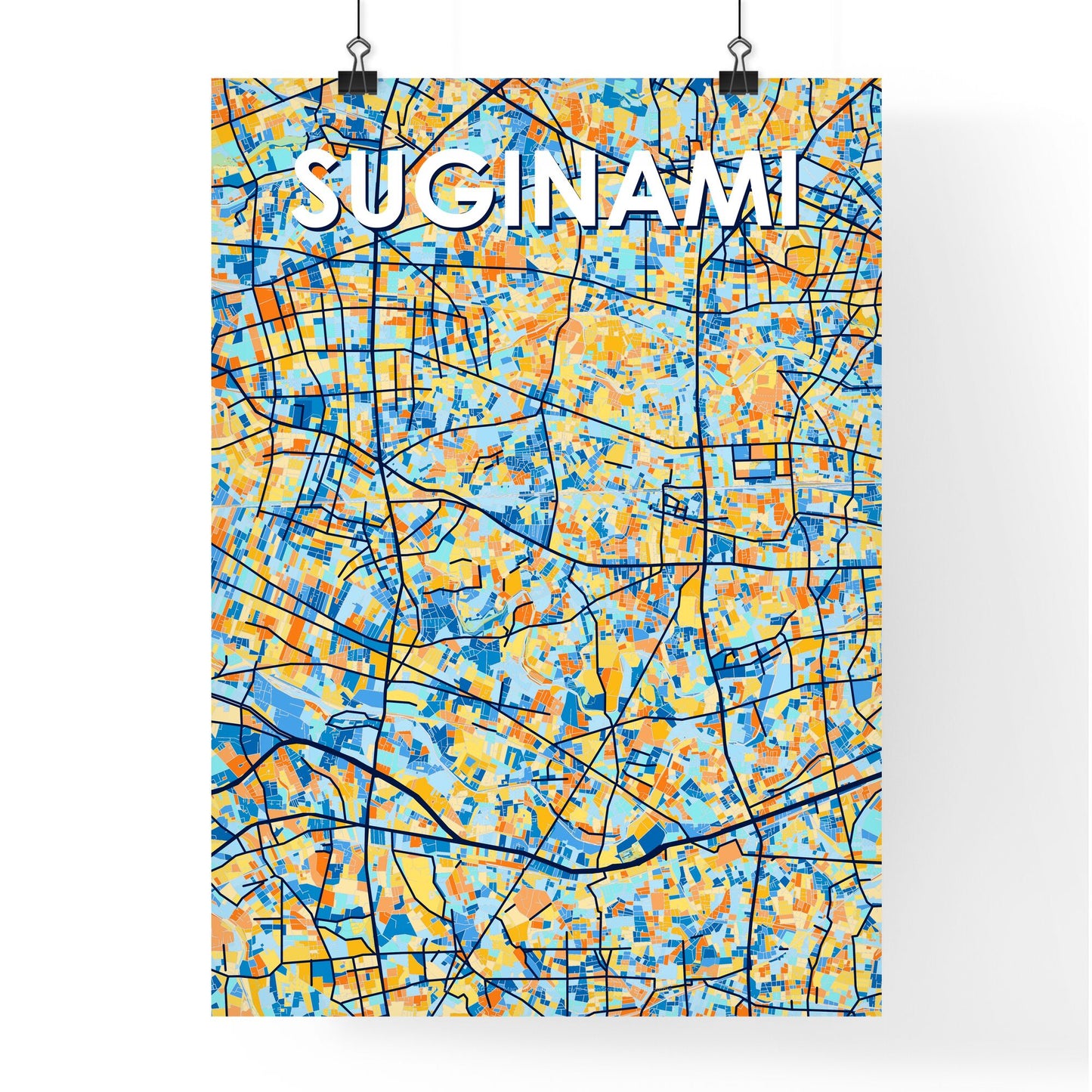 SUGINAMI JAPAN Vibrant Colorful Art Map Poster Blue Orange