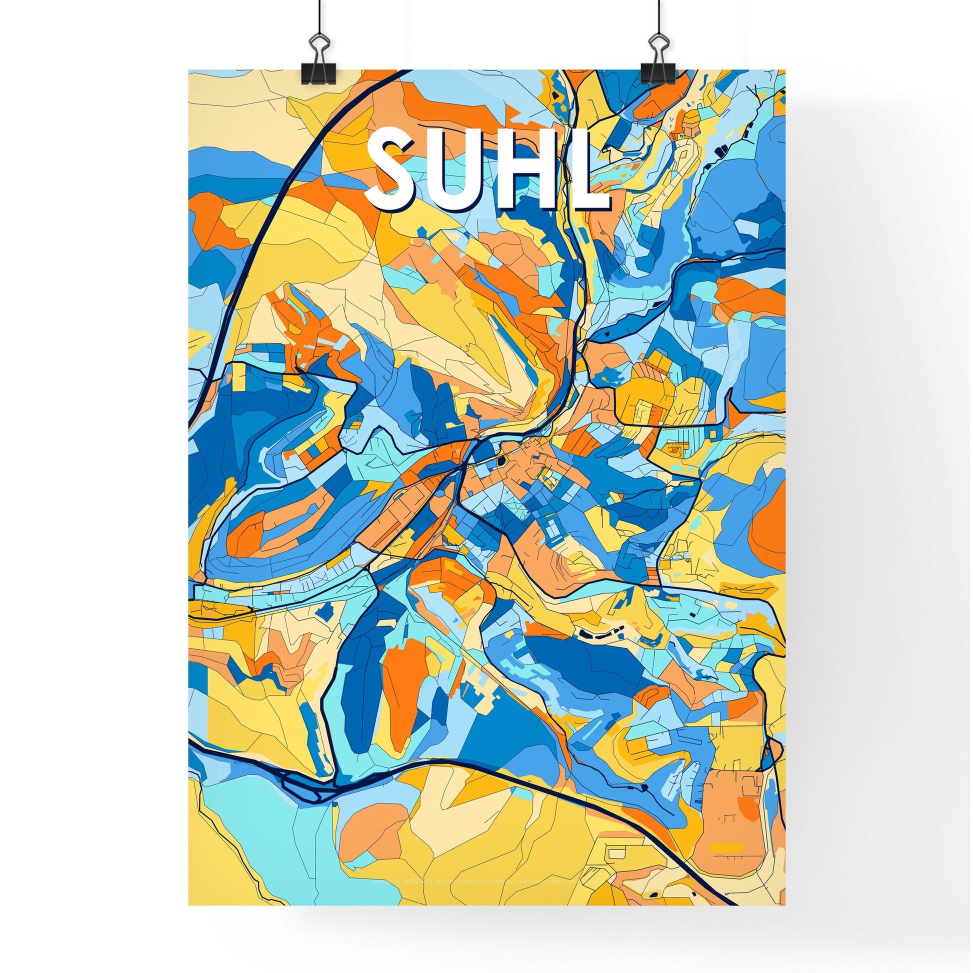 SUHL GERMANY Vibrant Colorful Art Map Poster Blue Orange